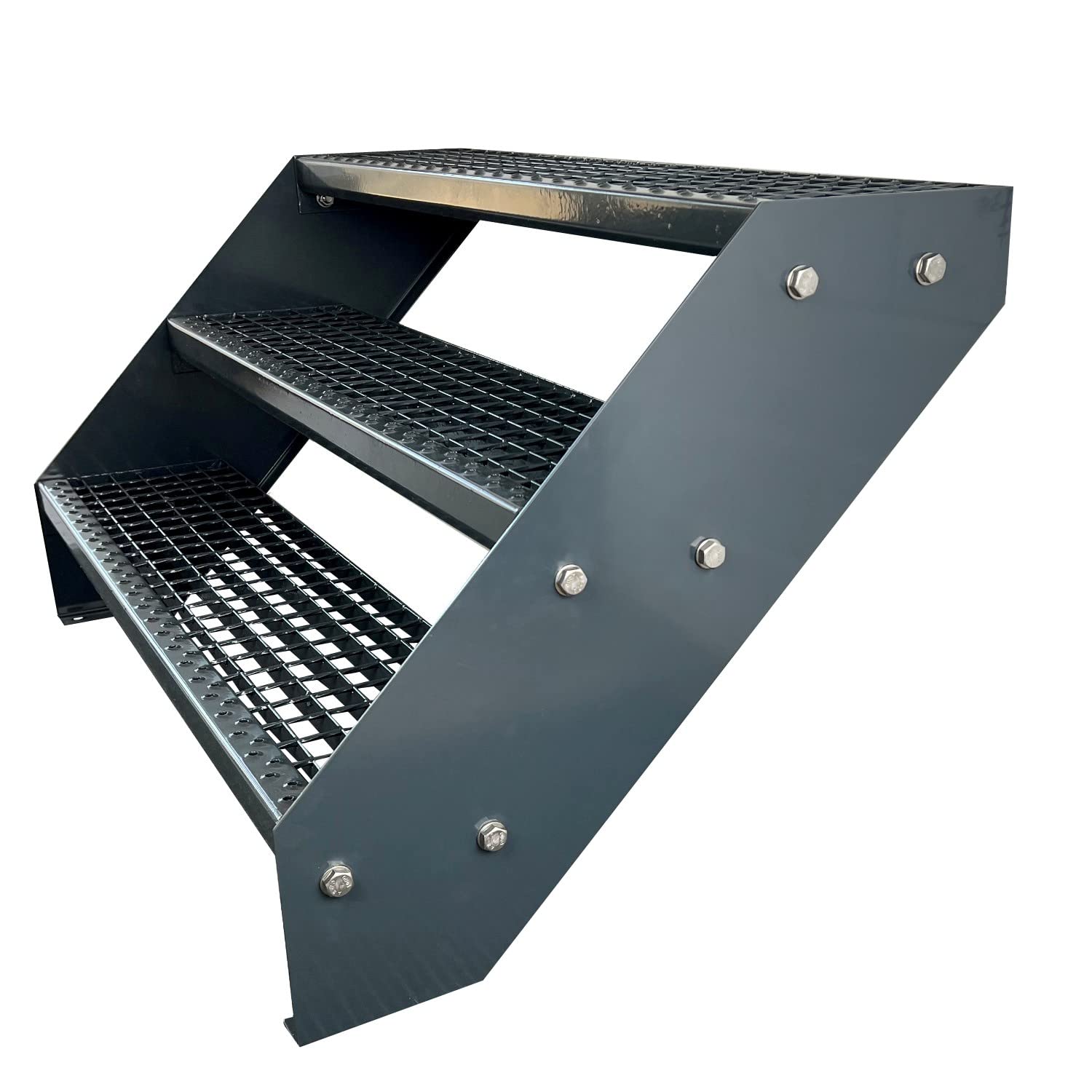 Premium Caillebotis acier Escalier à limon 3 Marches Entièrement galvanisé et Anthracite Revêtu par poudre - Dimensions (L x l x H) 63cm x 60cm x 57cm