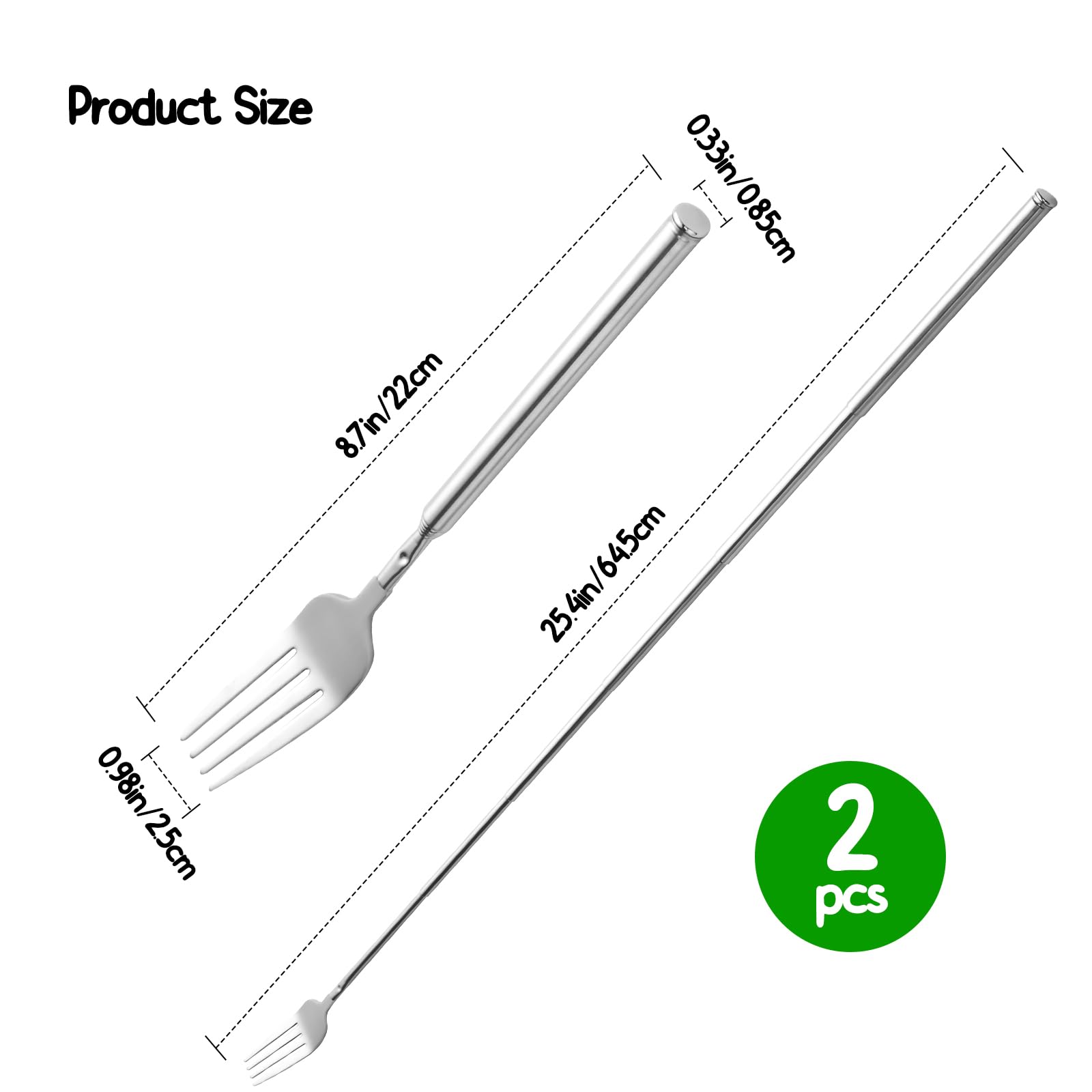 2 PCS Extendable Fork for Jokes, Expandable Forks, Extended/Extending/Extend, Extension from 8.7" to 25.4" Long, Stainless Steel Telescopic/Telescoping/Retractable Dinner Fork. Silver - 4