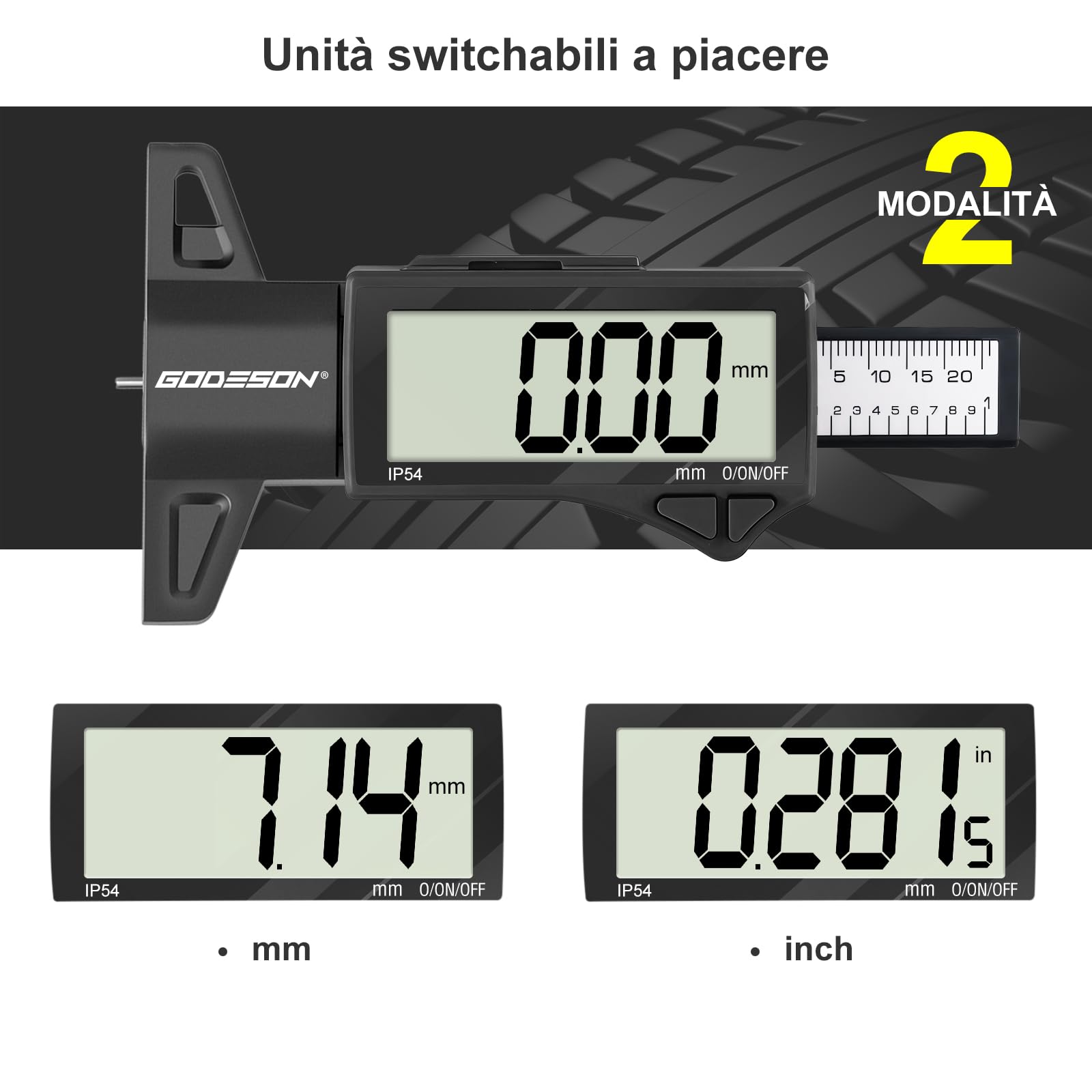 GODESON Spessimetro per Pneumatici Digitale, Intervallo 0-25,4mm/1 Pollici, Impermeabile IP54 Misuratore di Profondità con Ampio Display LCD, per Auto, Moto e Vans