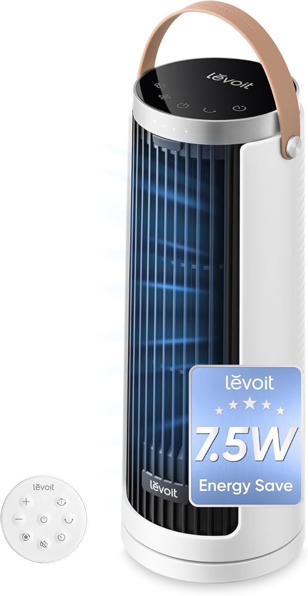 Levoit Tower Fan for Bedroom, 20dB Ultra Quiet, 2.5W-7.5W Low Power Consumption, Compact Desk Fan with Strong yet Gentle Cooling Airflow, 12H Timer, 90°Oscillation, 13'' Portable, Powerful & Valuable