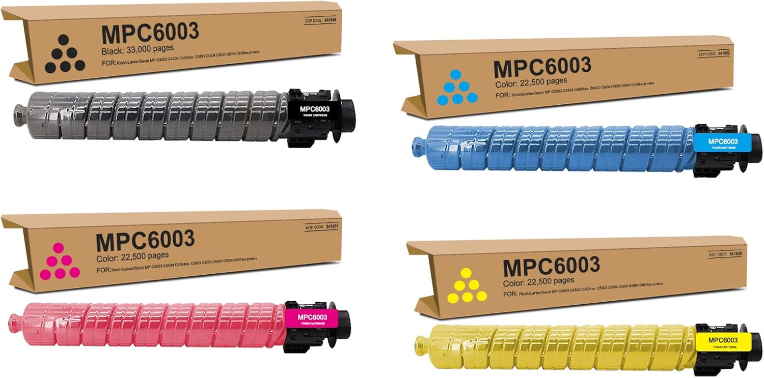 MP C6003 High Yield Toner Cartridge Black Cyan Magenta Yellow 4 Pack, 841849 841850 841851 841852 Compatible with Aficio/Lanier/Savin MP C4503 C4504 C4504ex C5503 C5504 C6003 C6004 C6004ex Printer