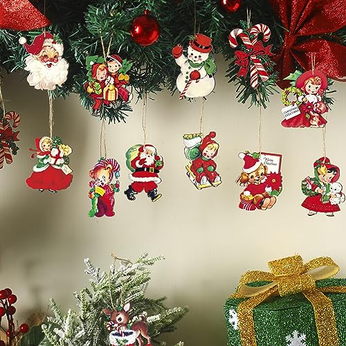 Image of 24 Pcs Christmas Wood Hanging Ornaments Vintage Christmas Decorations for Tree Xmas Santa Claus Bell Candy Cane Wood Cutout Winter Hanging Tag Sign for Xmas Tree Party Holiday