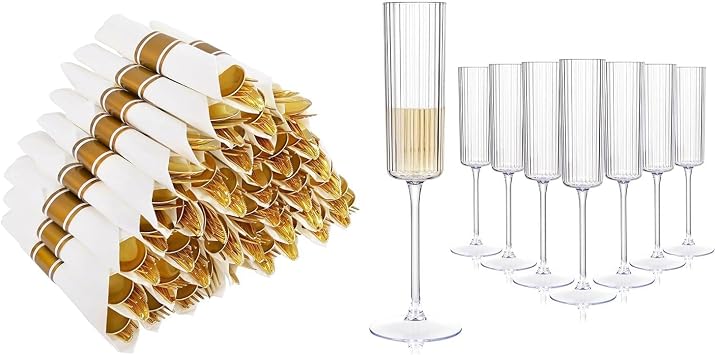 50Guests Pre Rolled Gold Plastic Silverware Sets - Heavy Duty Cutlery and 36 Pack Clear Plastic Champagne Flutes - 6oz Ribbed Disposable Champagne Glasses for Weddings, Parties
