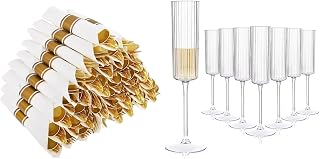50Guests Pre Rolled Gold Plastic Silverware Sets - Heavy Duty Cutlery and 36 Pack Clear Plastic Champagne Flutes - 6oz Ribbed Disposable Champagne Glasses for Weddings, Parties