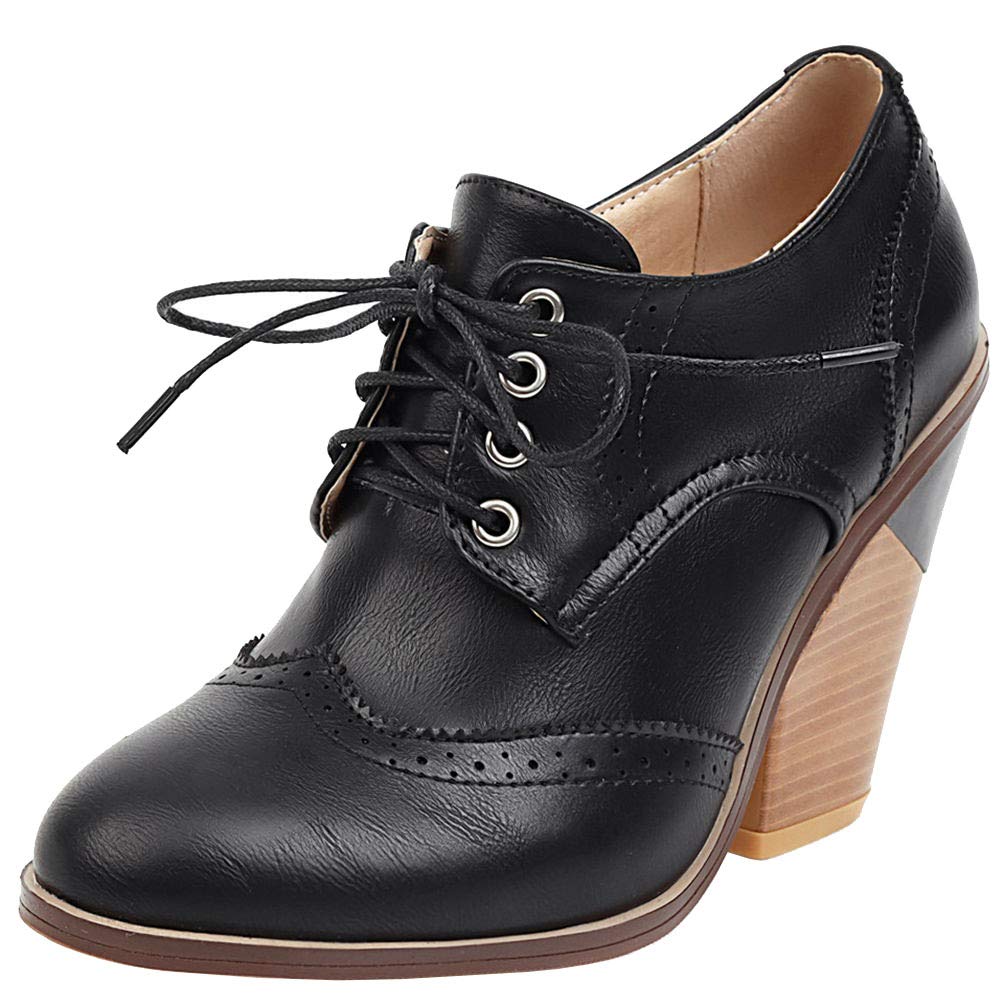 Caradise Womens Wingtip Oxford High Heels Round Toe Lace Up Brogue