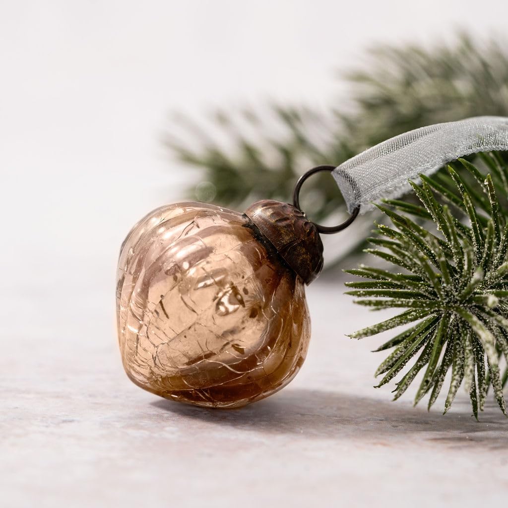 Aurora Christmas Bronze Arthur Cameron – Set Of 6 Small 1" Crackle Glass Lantern Ornaments – Hand-Blown Glass Baubles For Rustic Christmas Decorations