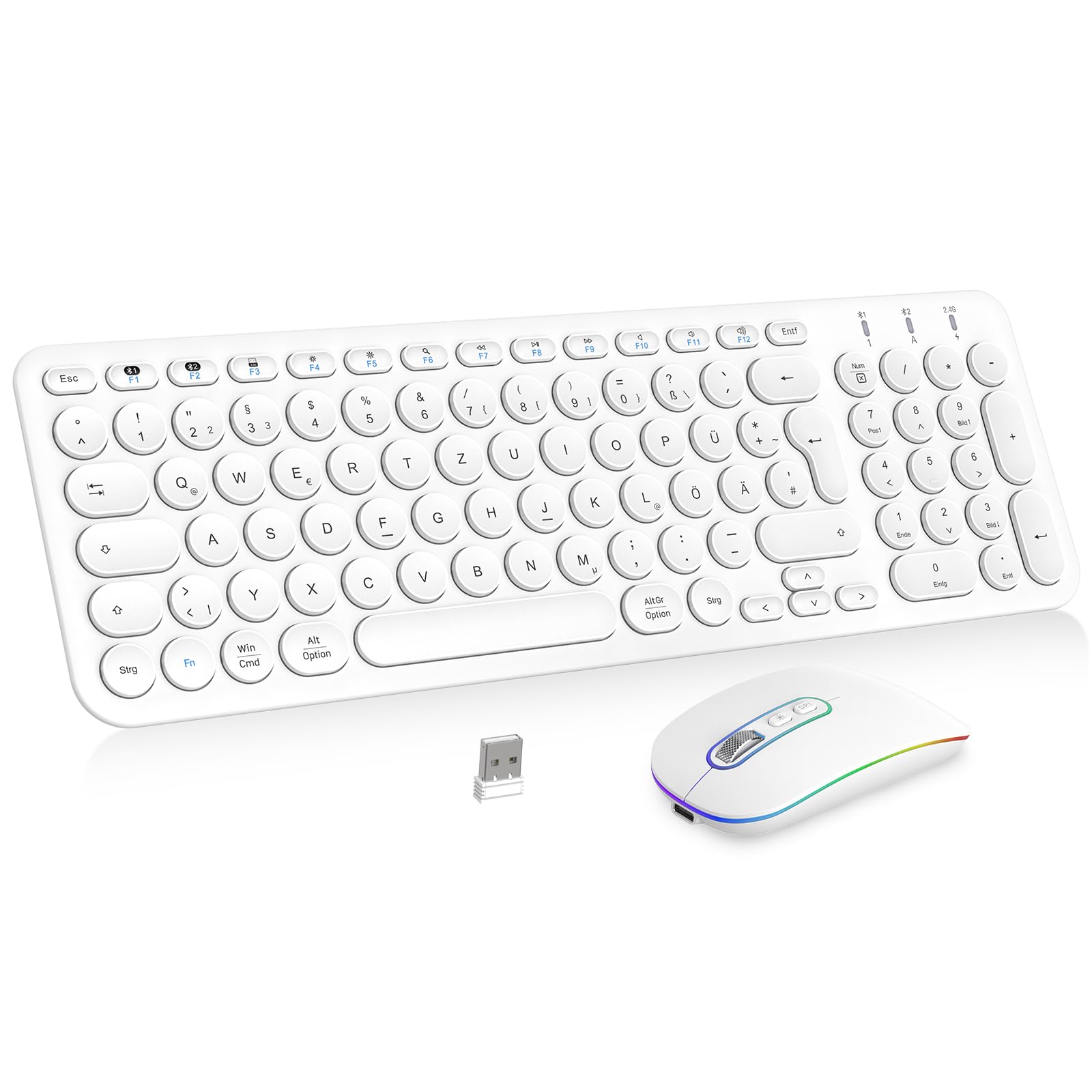 PINKCAT Bluetooth Tastatur Maus Set kabellos, Wiederaufladbare Dualmodus (Bluetooth 5.1+2.4G) Kabellose Tastatur und Maus, Extrem-Dünne Tastatur für Mac, iPad, Apple, Andoid, Windows (Weiß)