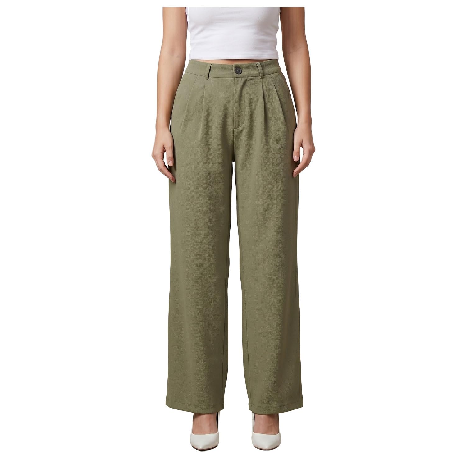 Formal Trousers for Women | 2 Side Pockets | Ankle Length | High Rise | Wide Leg | Pleated Pants | Office Wear-image-29