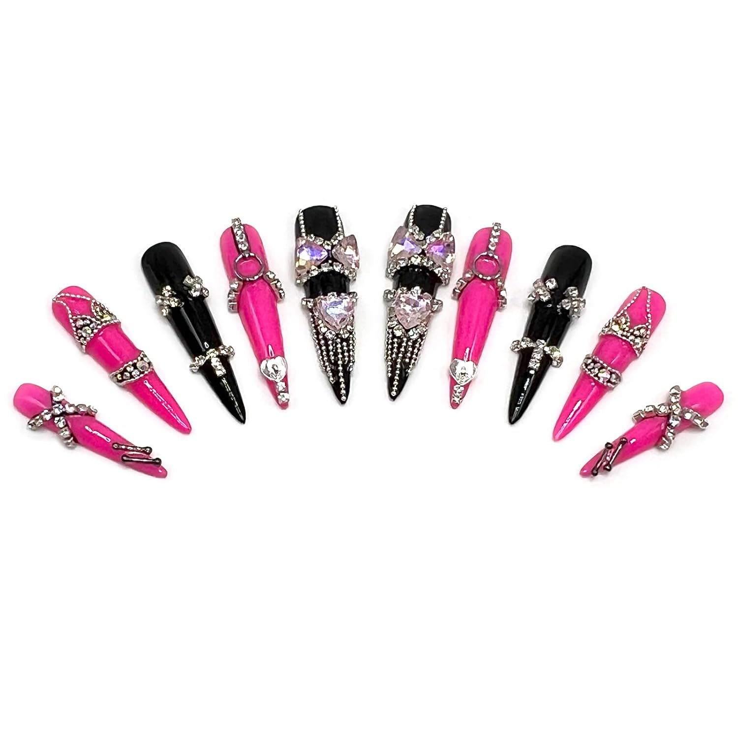 Handcrafted Gothic Black Rose Press On Nails, Reusable Extra Long 54mm 70mm Stiletto Fake Nails, Original Design Black Pink Nails with Heart Bow Crystal, Gothic Style Acrylic Nails (Extra Long,S)