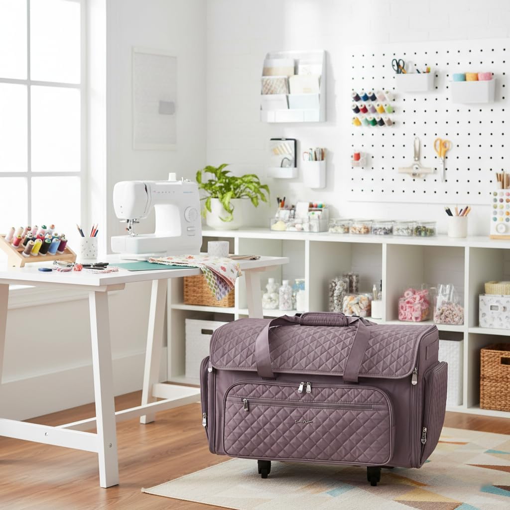 Everything Mary XXL Rolling Sewing Machine Case – Purple Quilted Craft Bag with 4 Wheels – Spacious Storage Organizer with Pockets for Sewing & Craft Supplies - Image 6