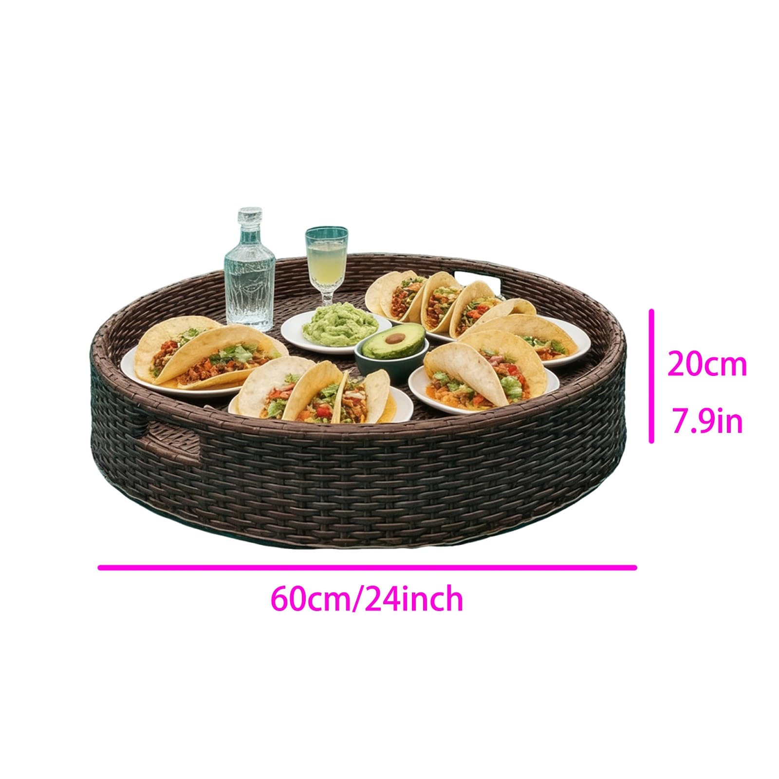 Rattanowa taca do serwowania, okrągła, tkana taca z uchwytami, na śniadanie, spa, basen, imprezy i fotografię ślubną, 61 cm pływająca konstrukcja