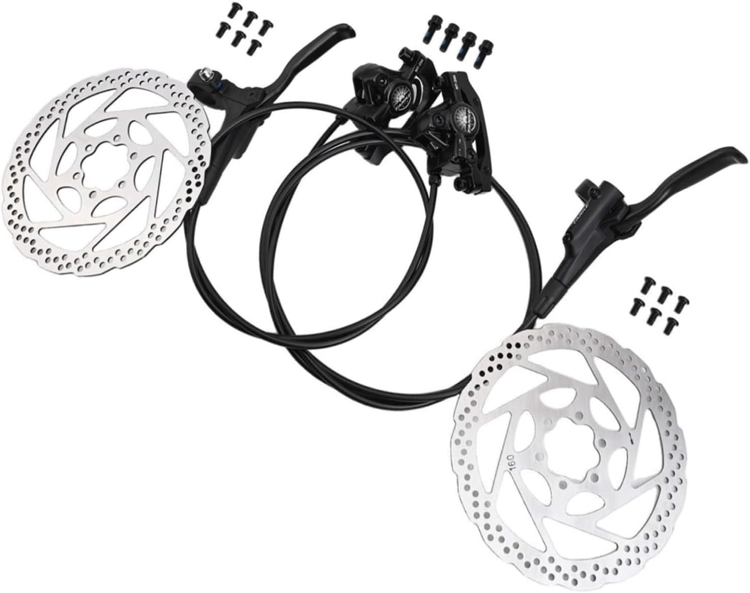 Hydraulic Disc Brake Set with Double Piston Mineral Brakes for Mountain and Road Bikes 160mm:180mm Rotors(Black)