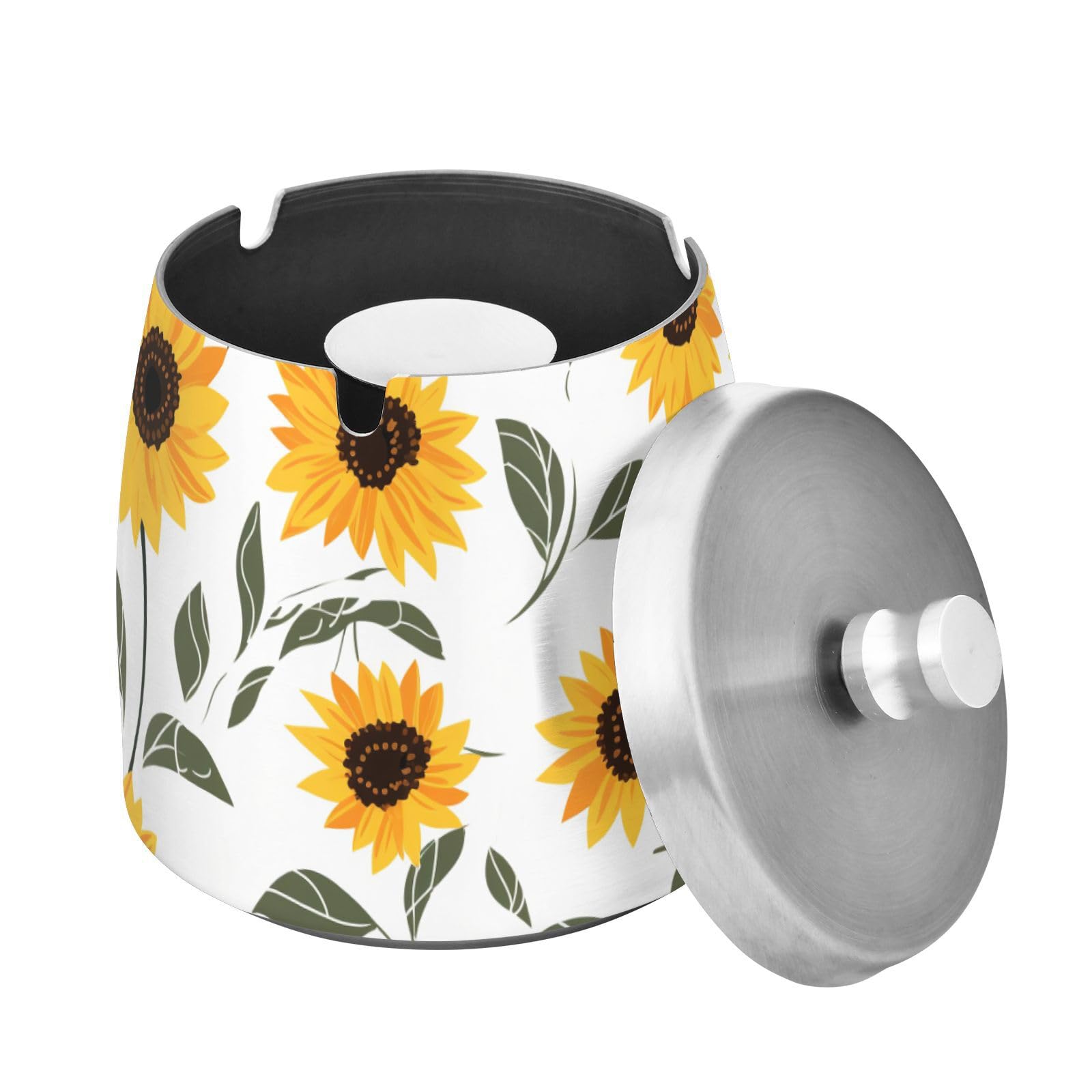 Cute Sunflowers White Print Ashtray with Lid, Outdoor Ashtrays for Patio, Stainless Steel Ashtray Odorless Smokeless for Home Office Balcony
