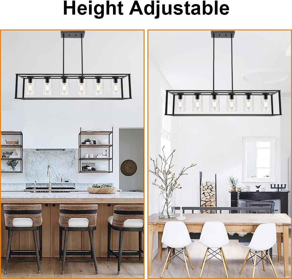 VINLUZ 6-Light Chandeliers Black Finished Farmhouse Dining Room Lighting Fixtures Hanging Industrial Modern Kitchen Island Pendant Lighting with Clear Glass Ceiling Lights for Restaurant Bar Hotel
