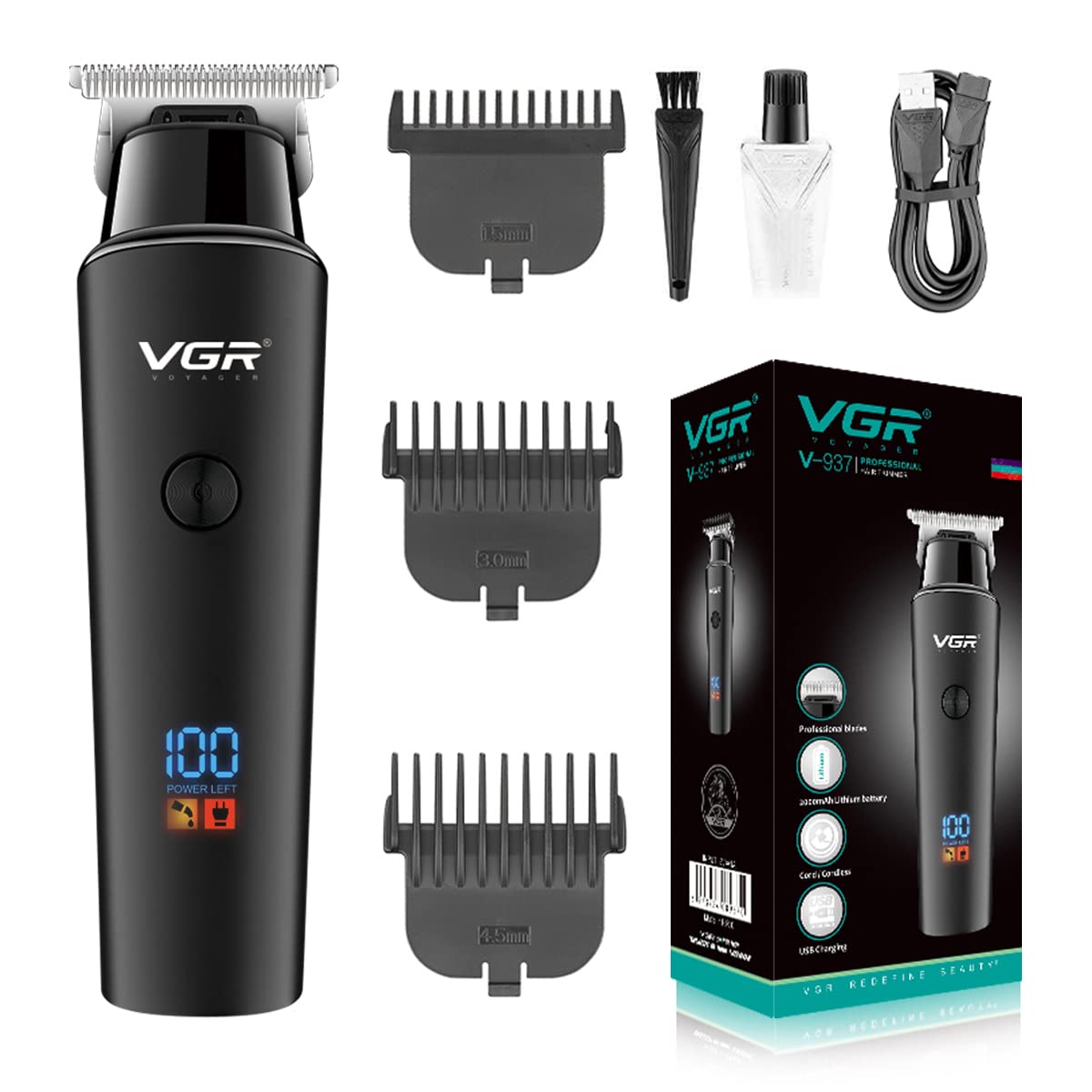 VGR V-937 Professional Rechargeable Hair Trimmer with USB Charging Cable, LED Display, Stainless Steel blades, 3 Guide Combs for Men, 2000 mAh Li-ion Battery (Black)