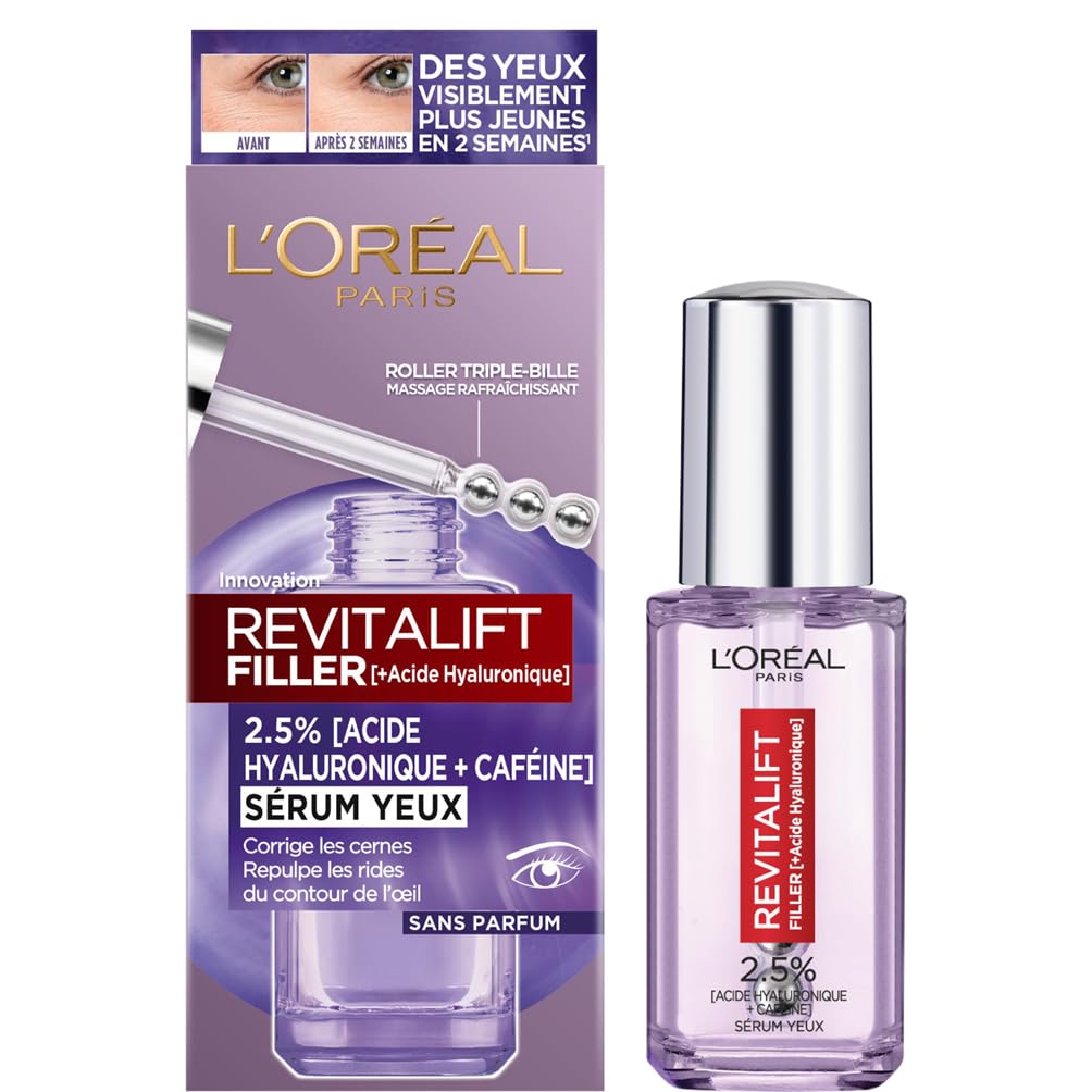 L'Oréal Paris - Sérum Contour des Yeux - Anti-Rides , Anti-Poches & Anti-Cernes - À l'Acide Hyaluronique Pur et à la Caféine - Embout Triple-Bille innovant - Revitalift Filler - 20 ml - 2