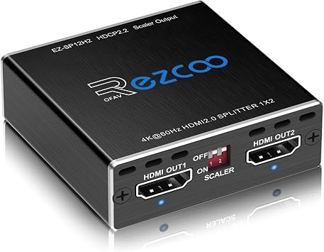 ROFAVEZCO 4K@60Hz HDMI Splitter 1 in 2 Out 444,18Gbps,Supports Soundbar,HDCP2.2 Bypass,EDID,Duplicate,Mirror,Copy,Downscale,HDR,Dolby Vision Atmos,4K HDMI2.0 Splitter 1x2 Out for Dual Monitors