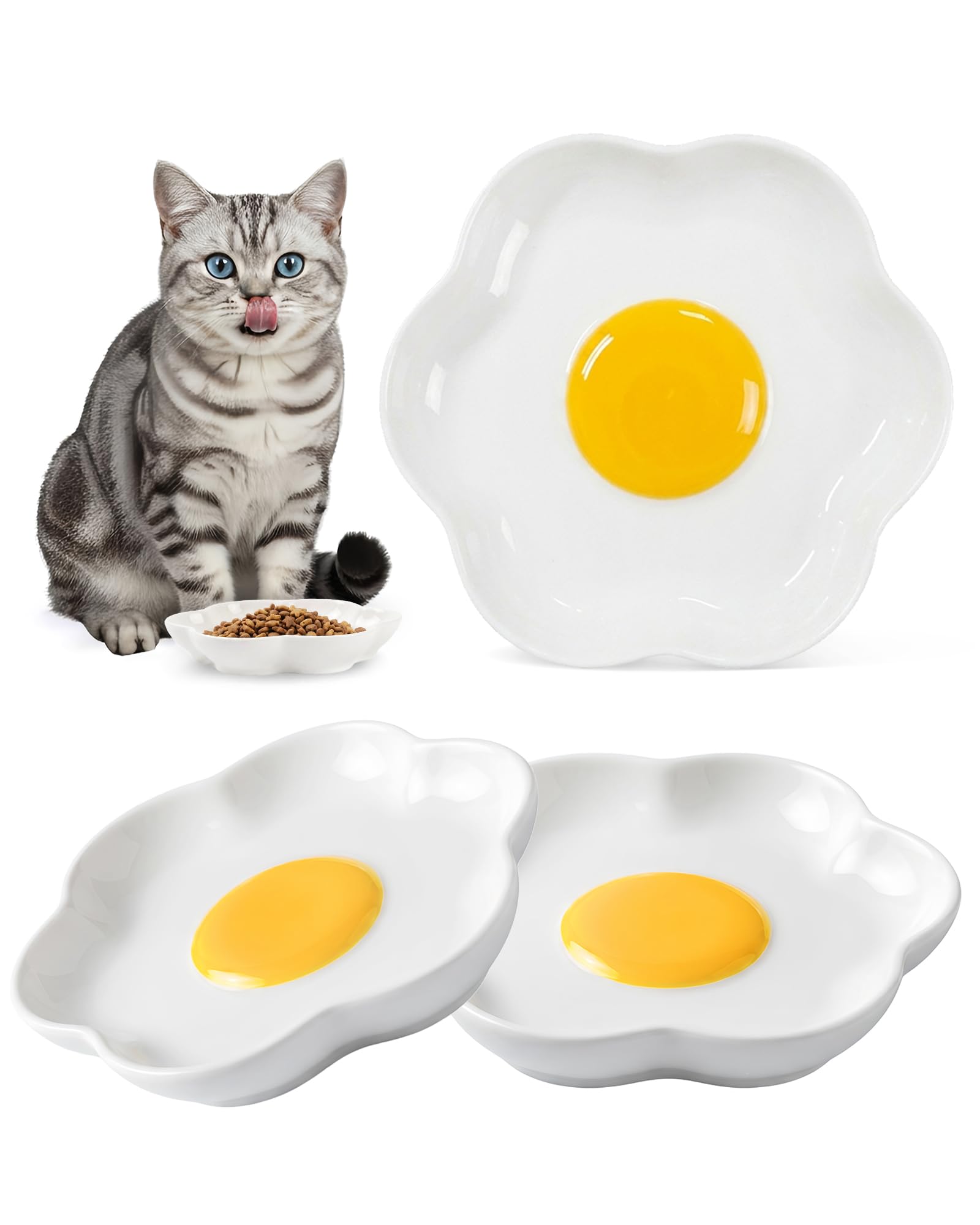 TRUVIC 3 Pack Ceramic Cat Food Bowls, 5.9 Inch Ceramic Cat Dishes Set for Indoor Cats and Small Dogs, Anti Whisker Fatigue Kitten Bowls, Wide Shallow Kitten Plates for Food and Water (Fried Egg)