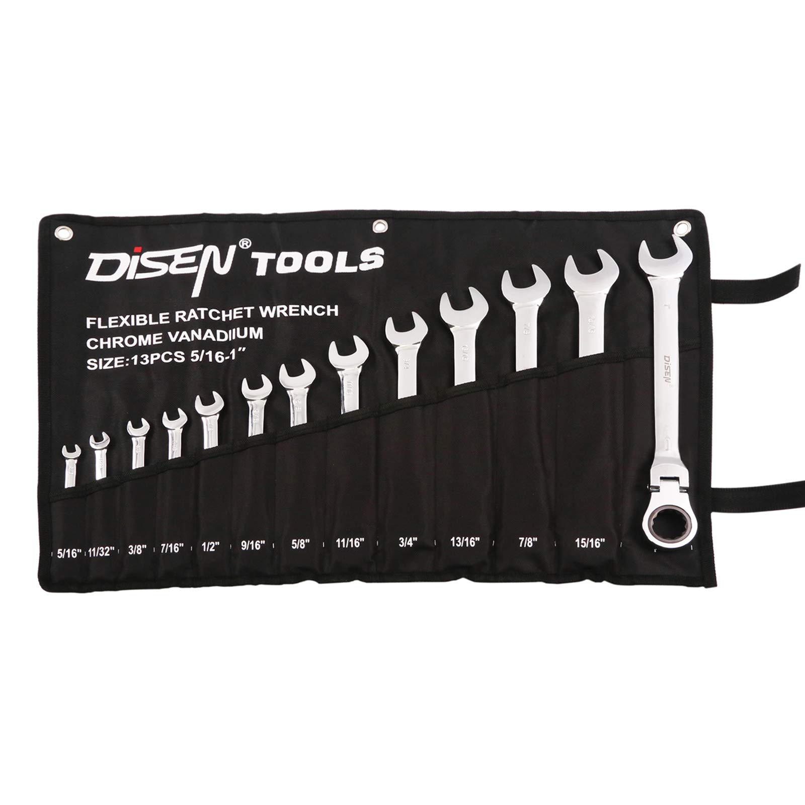 DISENRatchet Wrenches Set 13pcs, 180° Flex Head Ratcheting Combination Wrench Set, Large Wrench Set SAE 5/16-1 Inch, Box and Open End Wrench Sets with Rolling Pouch, 72-Teeth, 12 Point, Cr-V Steel