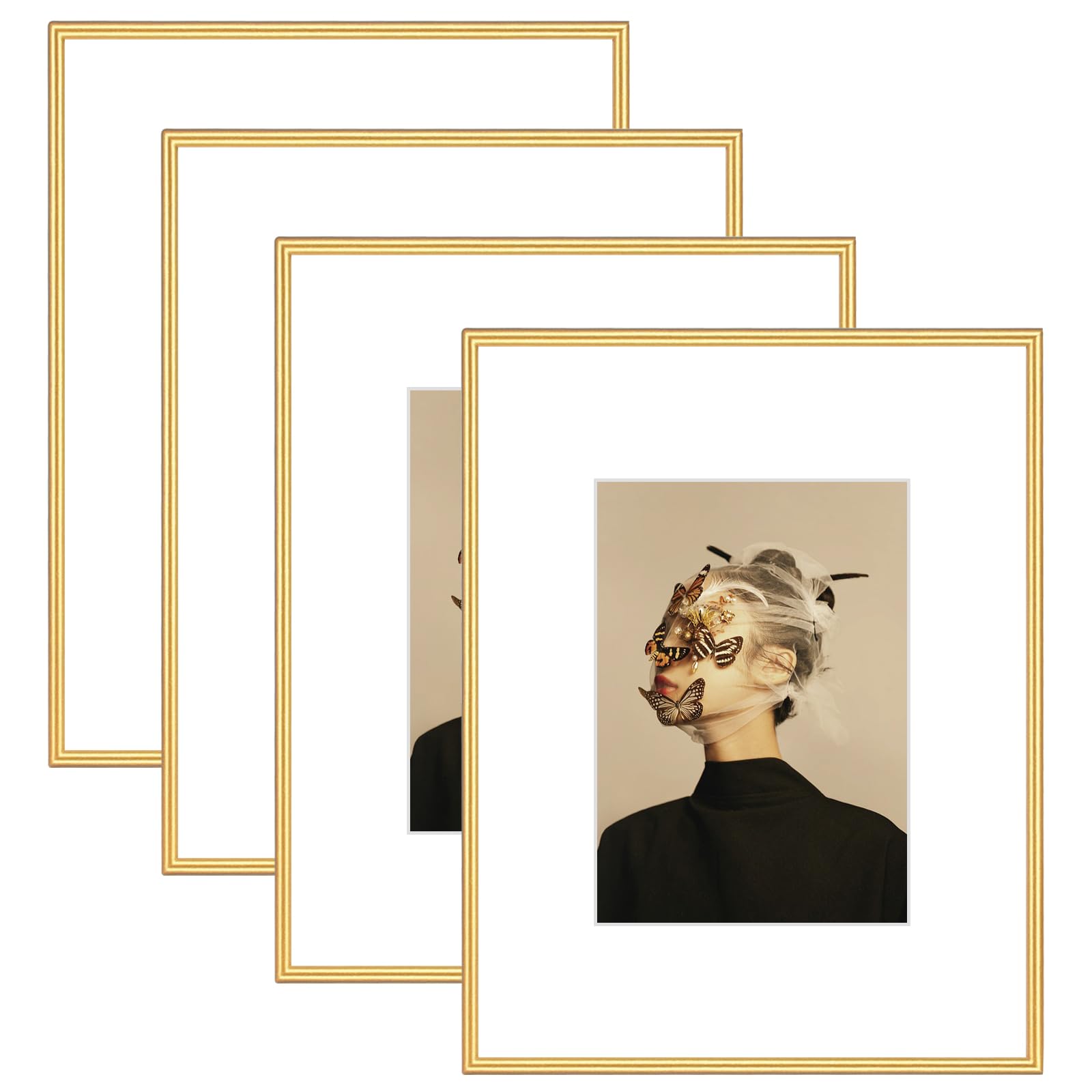11x14 Picture Frame Set of 4, Matted Gold Simple Modern Brushed Thin Aluminum Metal Photo Frame Fits 8x10 with Mat or 11 x 14 without Mat Vertical and Horizontal for Tabletop and Wall Mounting