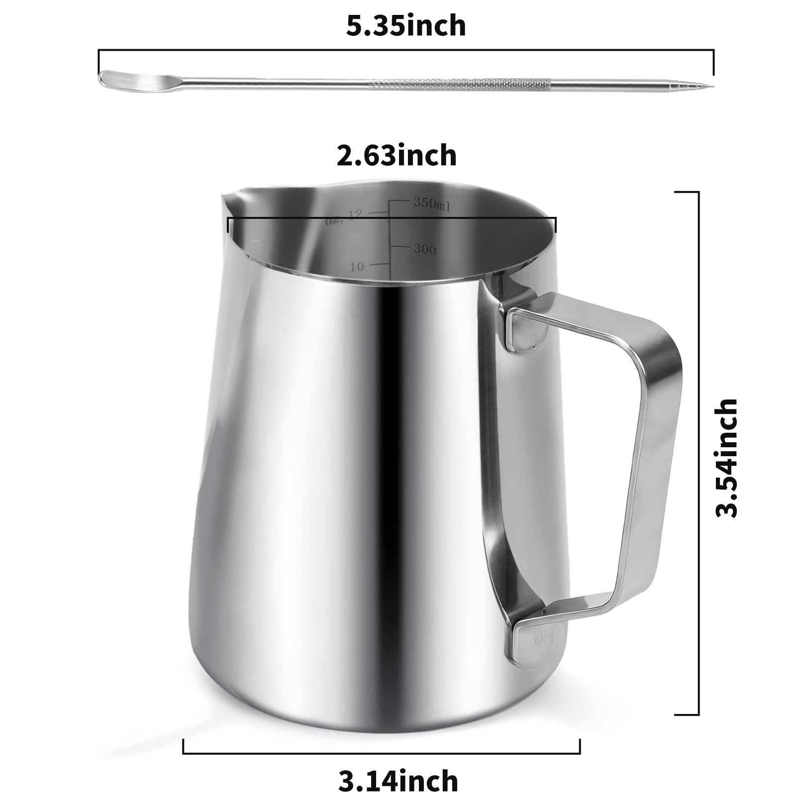 Milchkännchen für Kaffeemaschine, 350ml Edelstahl milchkännchen dampfende Krüge, Skala Kaffee/Milch/Cappuccino/Latte Art Barista Dampf Krüge, Milchkranke Tasse mit Dekoration Stift Tasse (350ml)