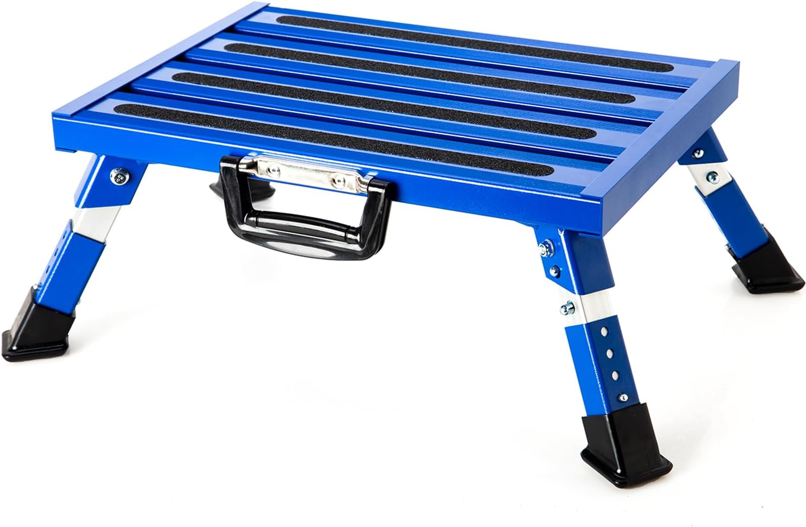 Aluminium RV Steps Adjustable Folding Step Stool with Non-Slip Rubber Feet, Stable Platform Supports 1000bs, Safety Strips, Handle, Easy Carry, Outdoor Camper Trailer Travel - Blue