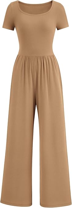PRETTYGARDEN Women's Summer One Piece Jumpsuits Dressy Casual Short Sleeve Square Neck Wide Leg Jumpsuit Rompers