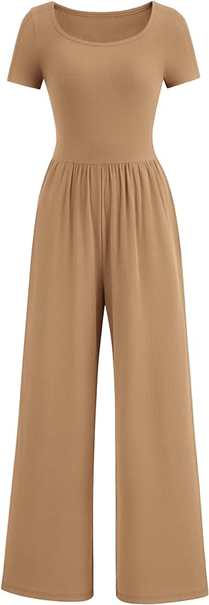 PRETTYGARDEN Women's Summer One Piece Jumpsuits Dressy Casual Short Sleeve Square Neck Wide Leg Jumpsuit Rompers