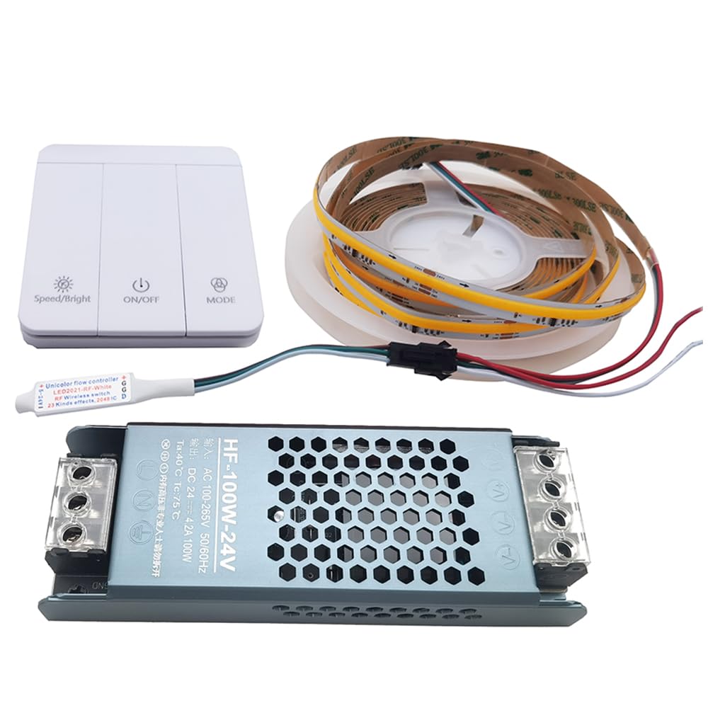 WS2811 COB bieżąca woda, płynąca woda, taśma LED, taśma pikselowa DC24 V, 360 LED/m, z bezprzewodowym kontrolerem, zasilaczem 24 V (ciepła biel, zestaw 5 m)
