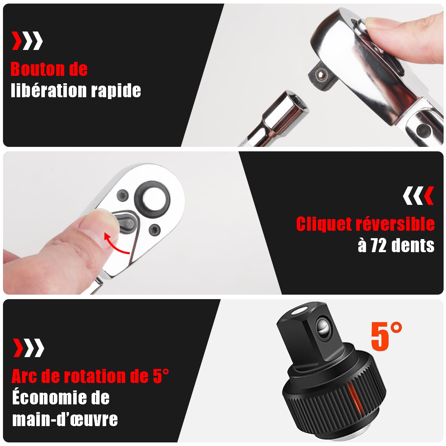 Jeu de 6 clés à cliquet à tête flexible 1/4", 3/8", 1/2