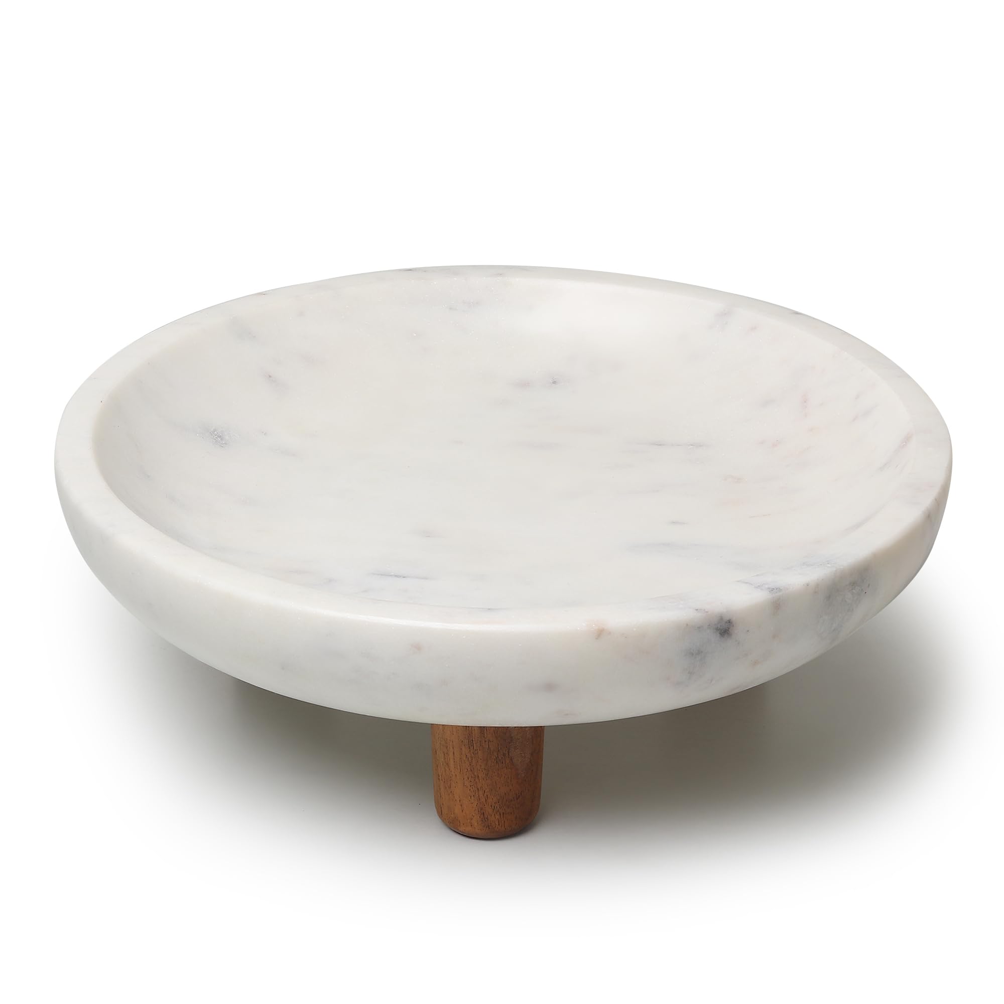 Marmor-Obstschale mit drei Holzbeinen, Obstschale für Küchentheke, 30 cm Durchmesser, Verwendung als Tafelaufsatz für Esstisch, Schlüsselschale für Dielentisch oder Potpurri/Dekorationen (groß)