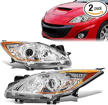 Headlight Assemblies Compatible with 1013 Mazda 3 Projector OE Style Replacement for Halogen Model Chrome Housing Amber Corner