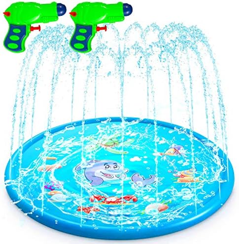 MIBOTE 68" Sprinkler Pad & Splash Play Mat for Kids, Toddler Sprinkler Water Toys Inflatable Outdoor Swimming Pool Toy for Boys Girls (Includes 2 PCs Mini Water Gun)