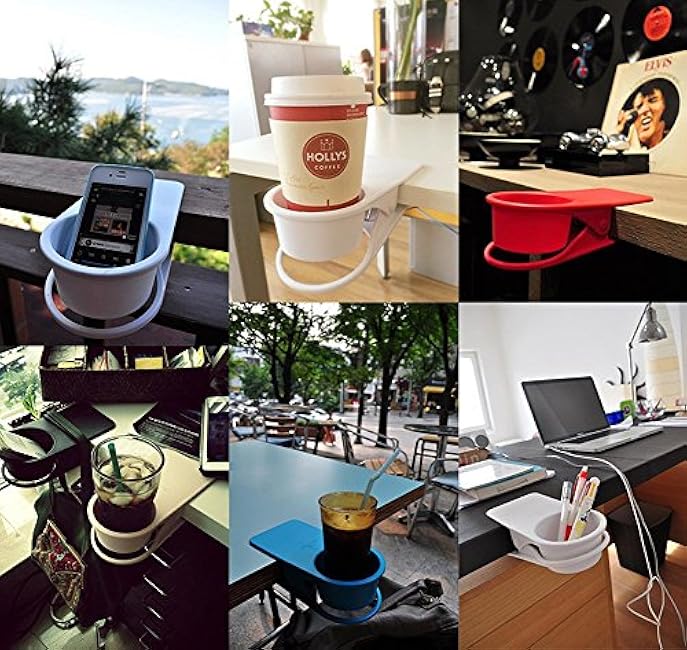 Drinking Cup Holder - Home Office Table Desk Side Huge Clip for Water, Drink, Beverage, Soda, Coffee Mug, Potted Plant, Headphones, Date, USB Cable, Pen Storage Saucer (White)