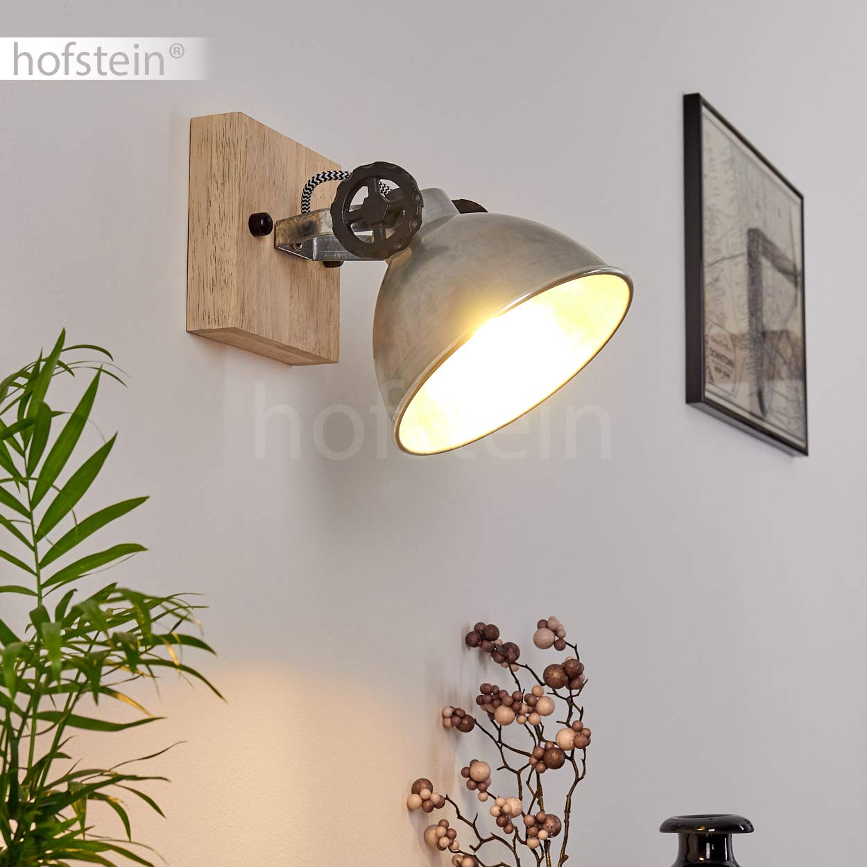 Lampada da parete Svanfolk, lampada da parete in metallo e legno in argento/marrone, 1 luce, con faretto regolabile, 1 attacco E14, design retro/vintage, senza lampadina/e