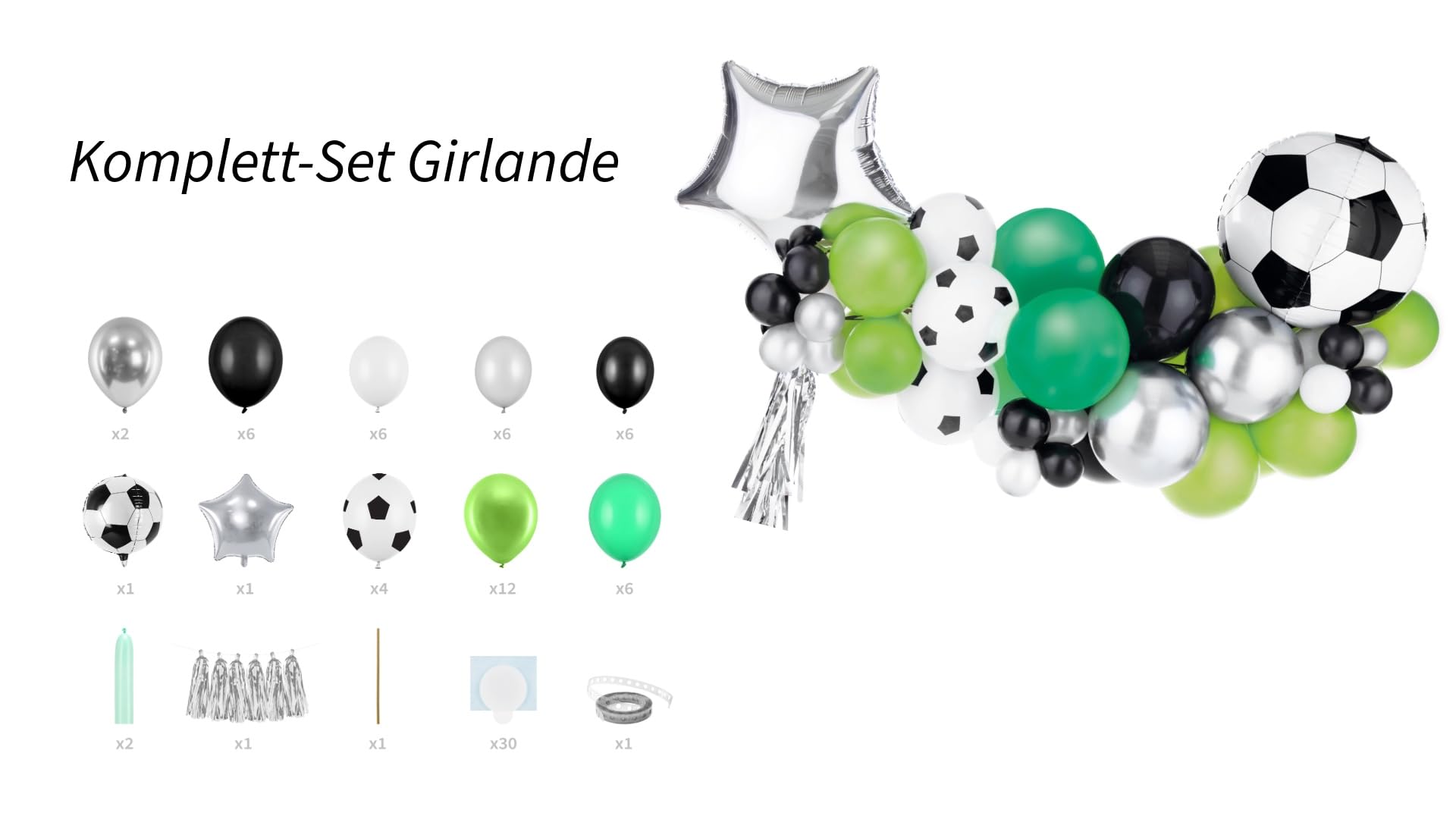 Schiggeria Fußball Party Deko Set - Mini für 6 Personen, Ballongirlande mit Silber-Grün-Schwarz Luftballons 53-teilig, Fußball-Teller und Besteck, Partyzubehör für Fußballmottoparty, Geburtstag