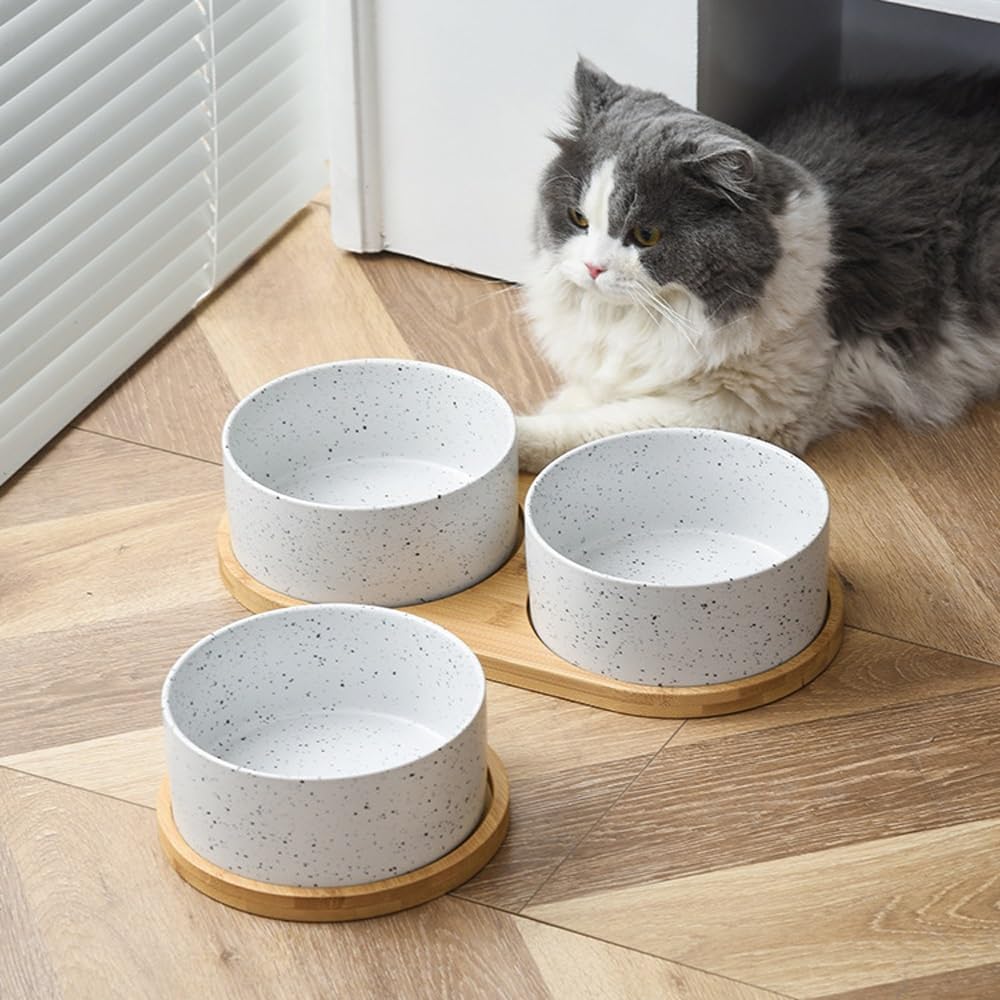 Ceramiczna miska dla psa Obciążona miska na karmę dla psa z drewnianą podkładką Miska na karmę dla zwierząt, miska na mokrą lub suchą karmę i wodę, akcesoria dla kotów domowych(Single tray)