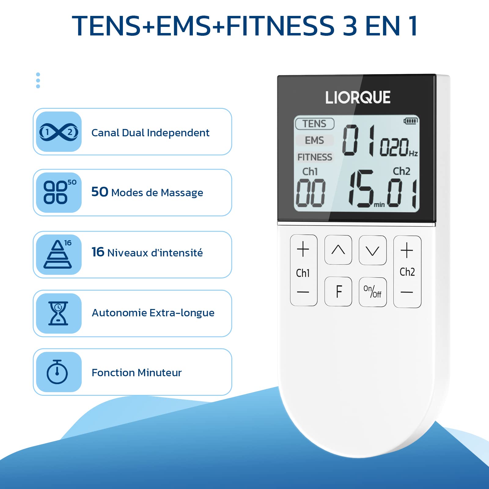 LIORQUE Électrostimulateur Musculaire, Stimulateur Musculaire TENS avec 2 Canaux Indépendant, Avec 3 Modes de Fonctionnement de TENS/EMS/FITNESS pour un total de 50 Programmes de Massage