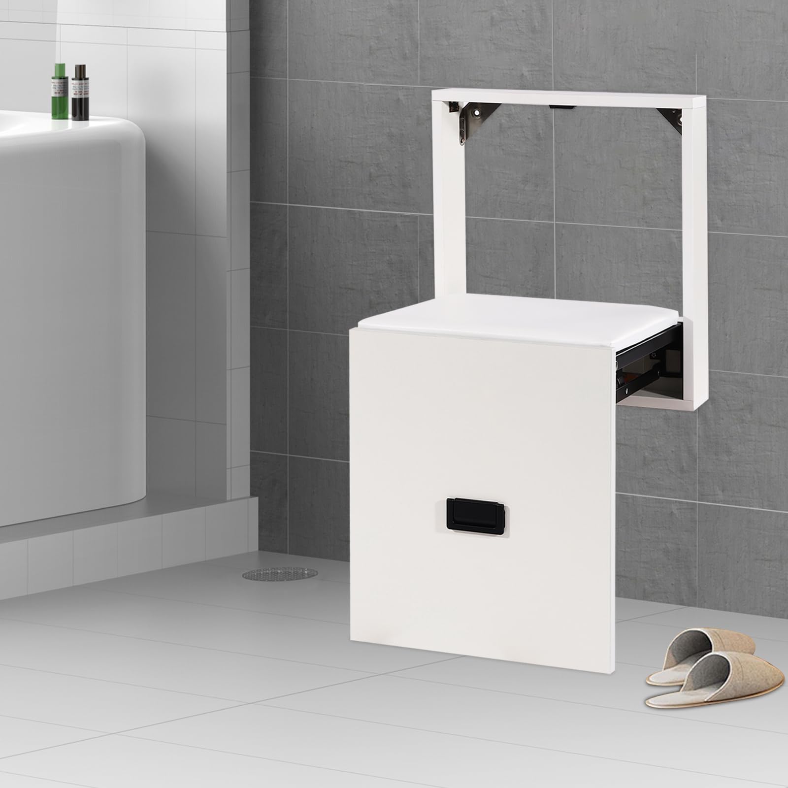 Taburete Plegable de Pared 35,5 x 36,5 cm - Ultra Fino, Silla para Entrada de Zapatos, Armario Oculto (Blanco Puro)