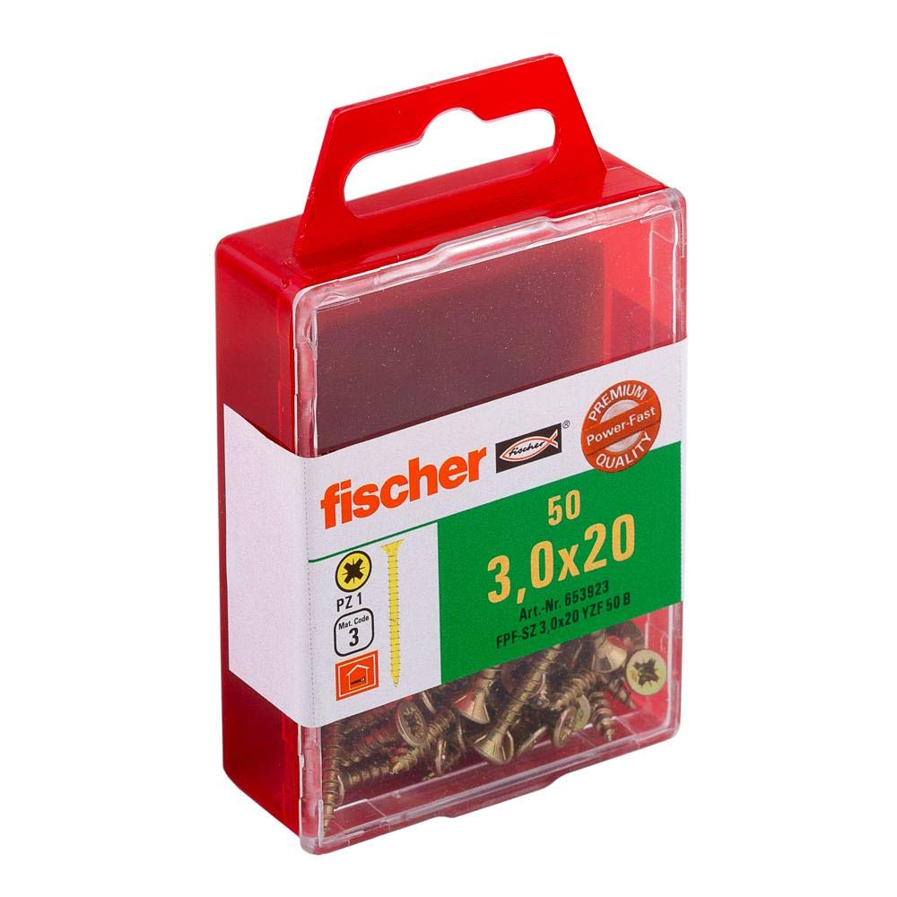 Fischer 653923 3.0 x 20 mm VG PZ Zinc Plated "Power-Fast" Countersunk Head-Screw - Yellow (50-Piece)