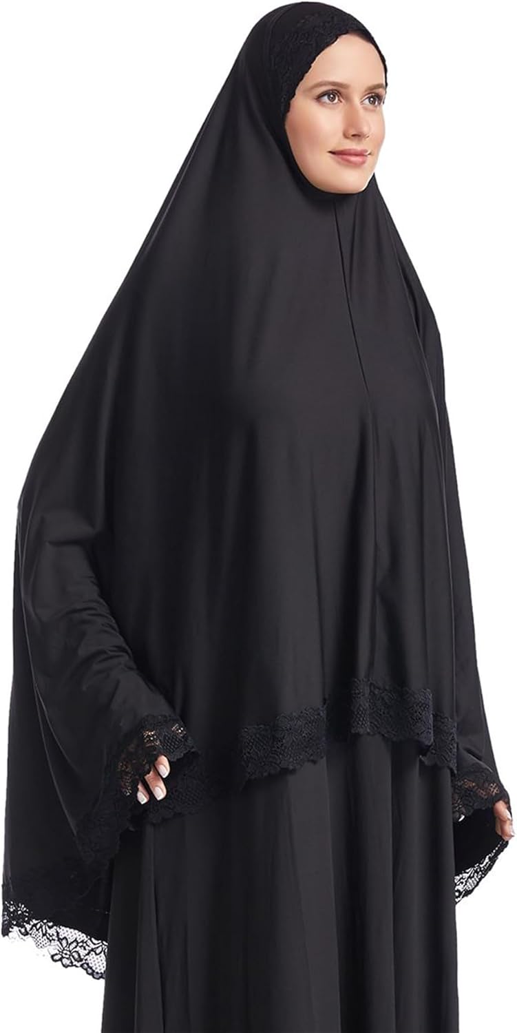 Muslim Women's Instant Big Hijab Jersey Turbans Khimar Abaya Soft Prayer Scarf, 1pc Lace - Image 5