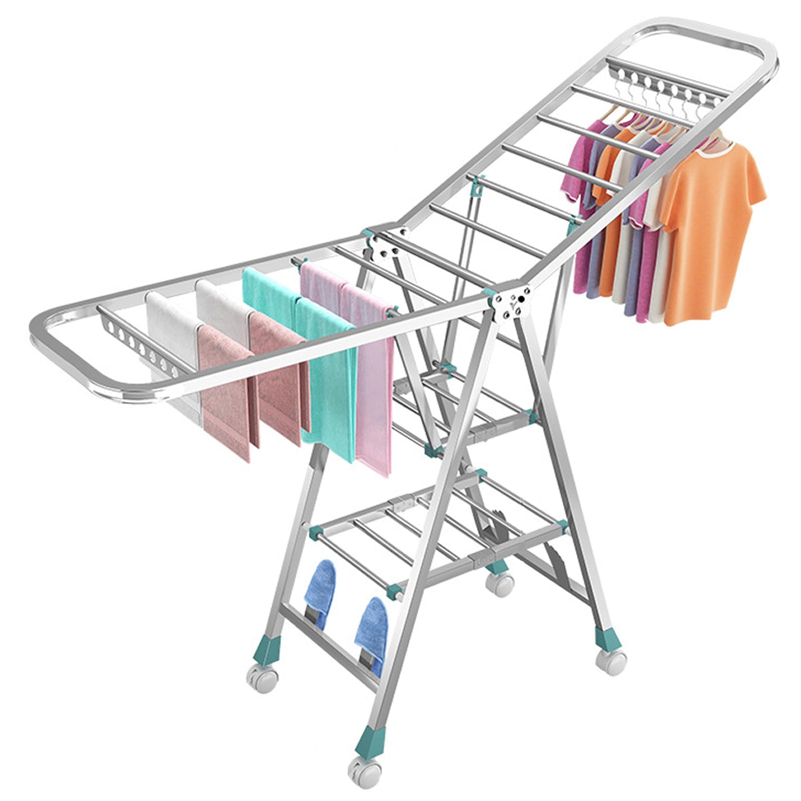 Wäscheständer Aluminium Klappbar, Höhenverstellbarer Wäscheständer mit Windschutz Streifen & Schuhablage, Faltbarer Wäschetrockner für Badezimmer, Balkon & Garten Innen Außenbereich (1,7 Meter)