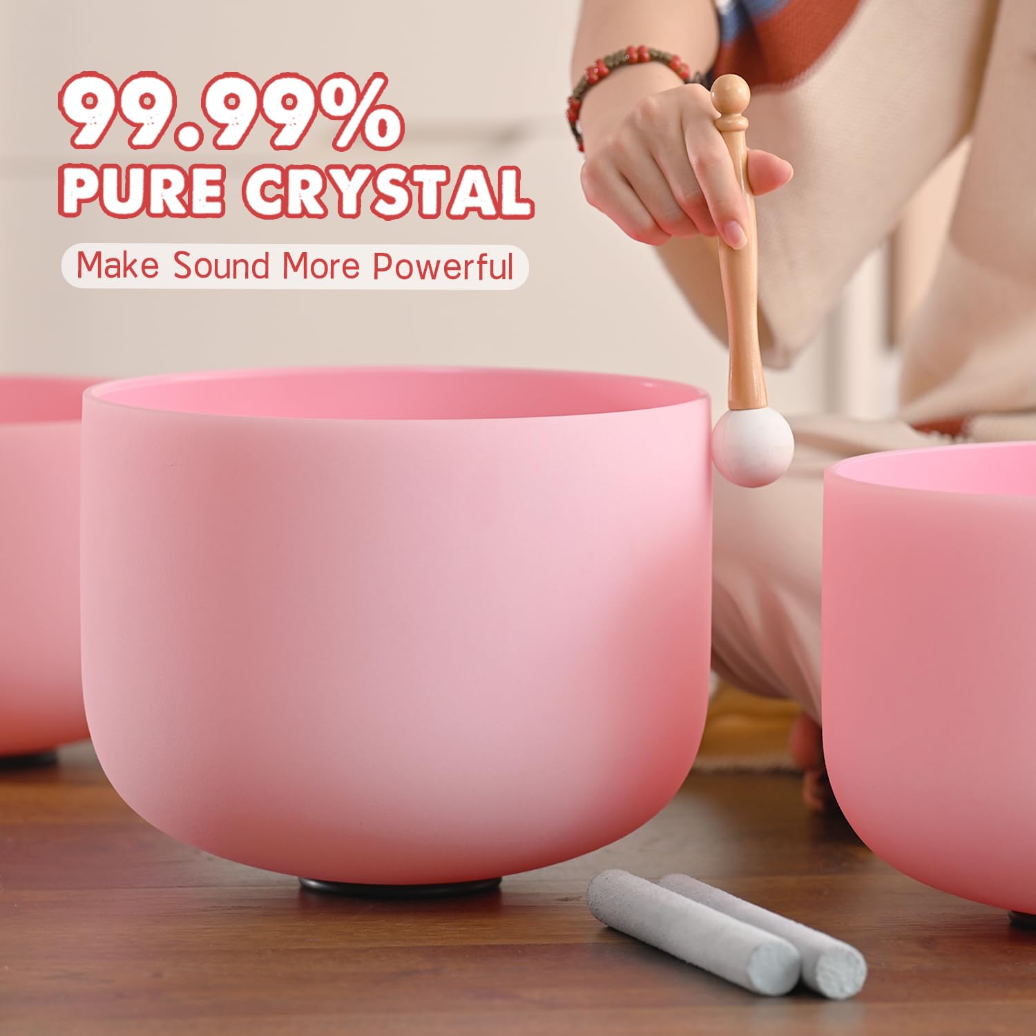 CVNC 432HZ 6-12 Inch Pink Color Frosted Quartz Crystal Singing Bowls Chakra Set of 7 with Carry Case Bags for Sound Healing and Meditation