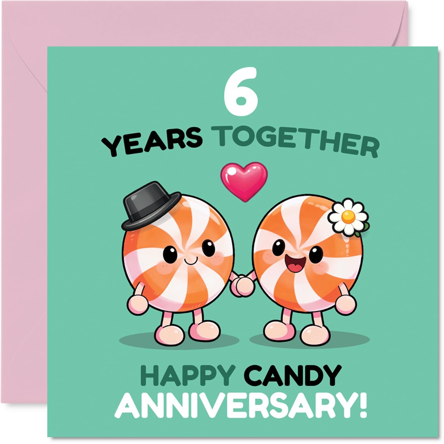Playful 6th Anniversary Card - Celebrate Six Sweet Years - Peppermint Candy Characters in a Fun Anniversary Scene - 145mm Square, Envelope Included