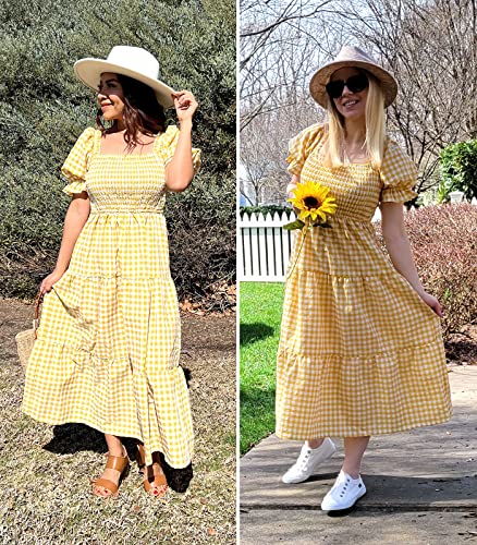 Image of ZESICA Women's 2026 Boho Summer Dresses Gingham Puff Sleeve Square Neck Flowy Beach Midi Dress