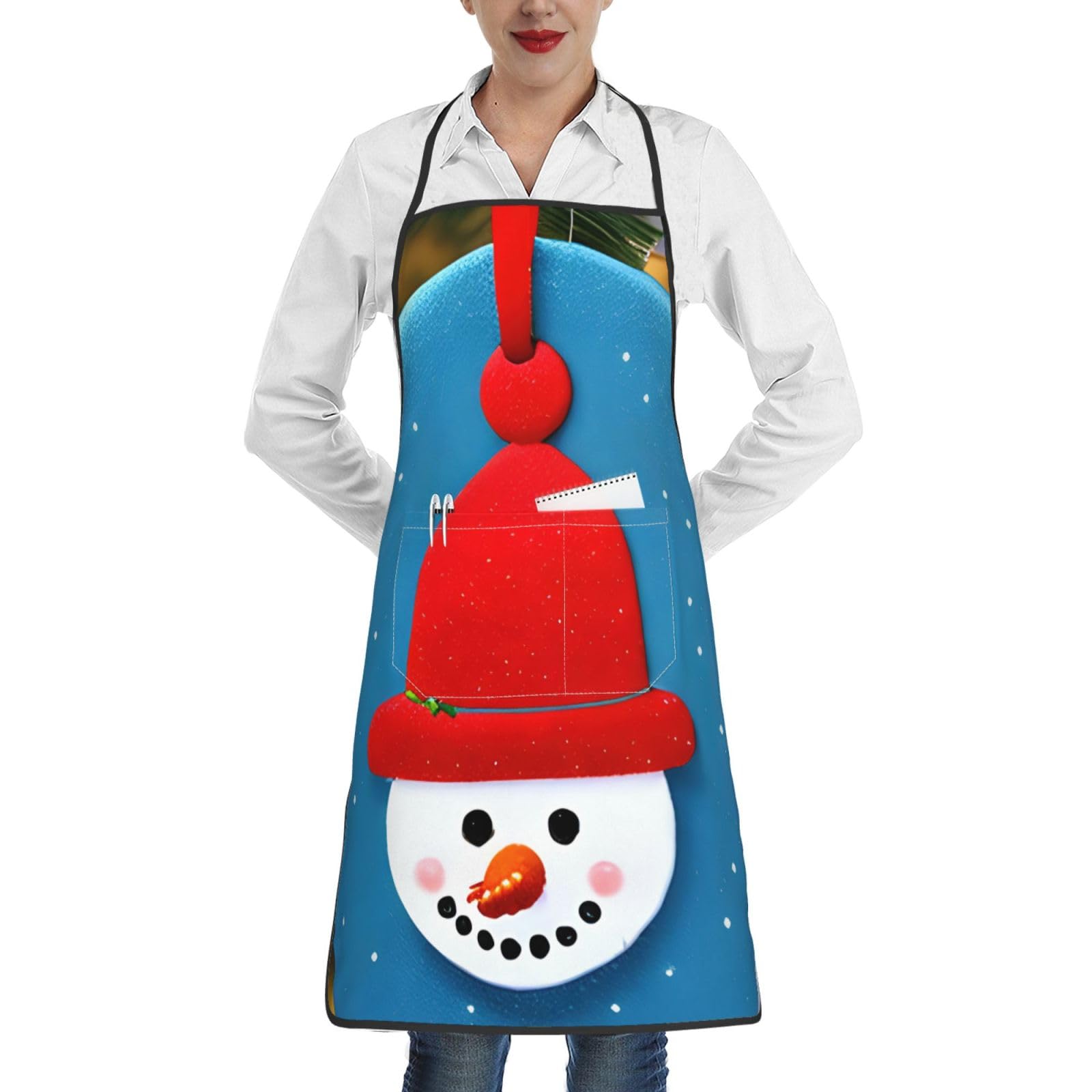 JEJEA Christmas Carton Snowman Print Kitchen Bib Apron Water And Oil Resistant, Cooking Kitchen Chef Apron For Women Men
