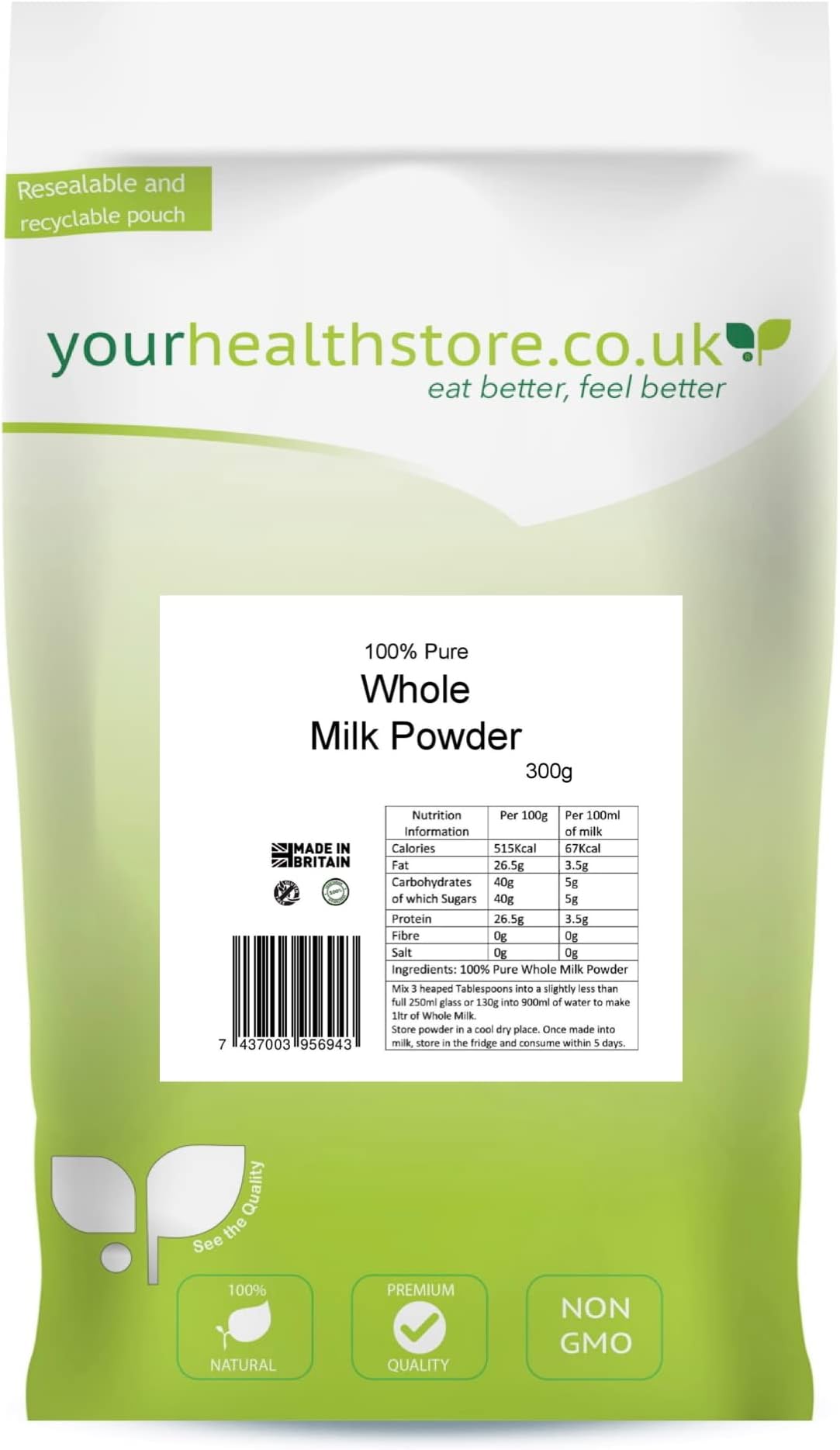 yourhealthstore 100% Pure Whole Milk Powder 300g, Made in Britain with British Milk, No Additives & Soy Lecithin, No Bovaer, Vegetarian, (Recyclable Pouch)