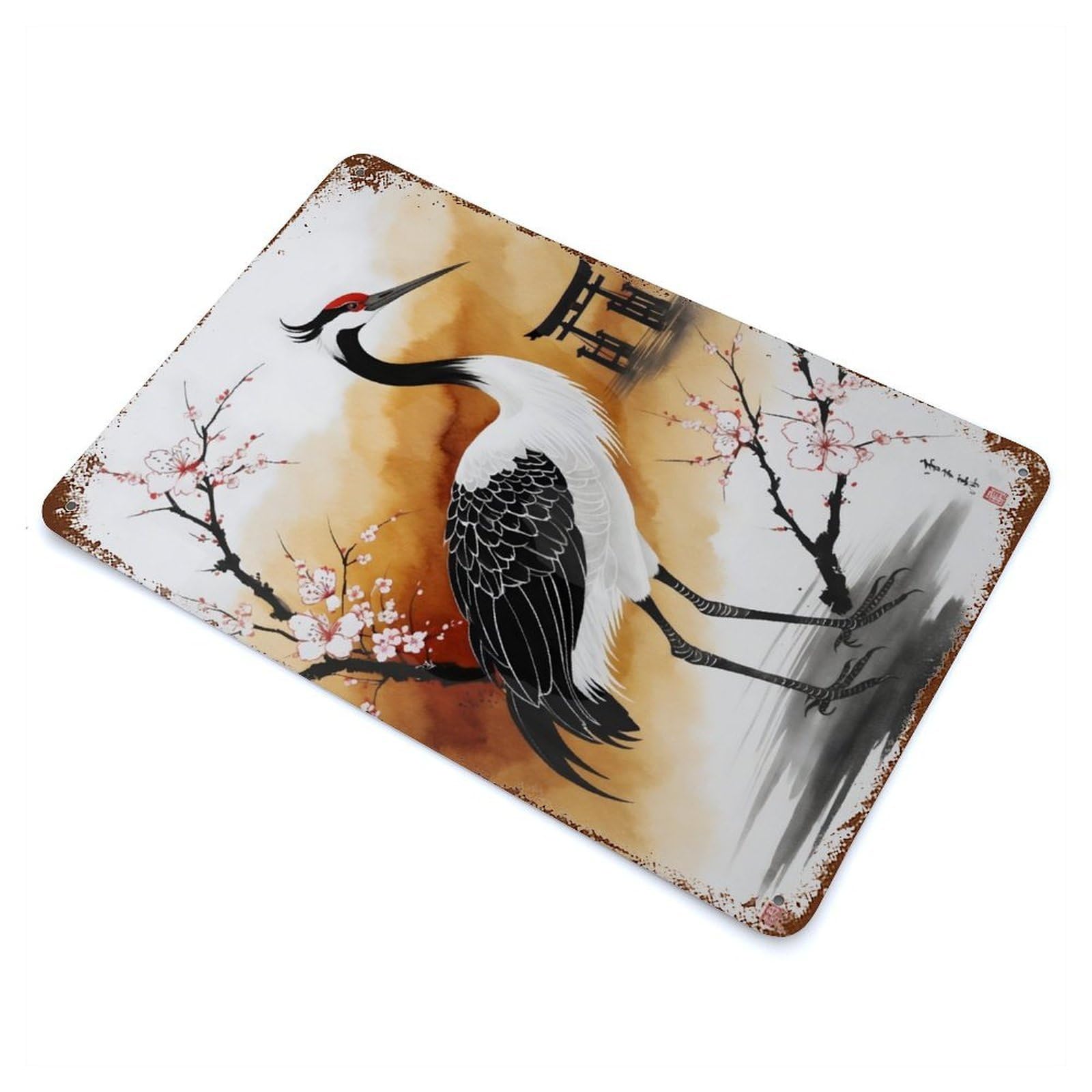 Aged Metal Wall Plaque with Japan Painting Crane Bird Design 11.8"x7.9", for Basement, Hobby Room And Garage Decor, Farmhouse Wall Decor