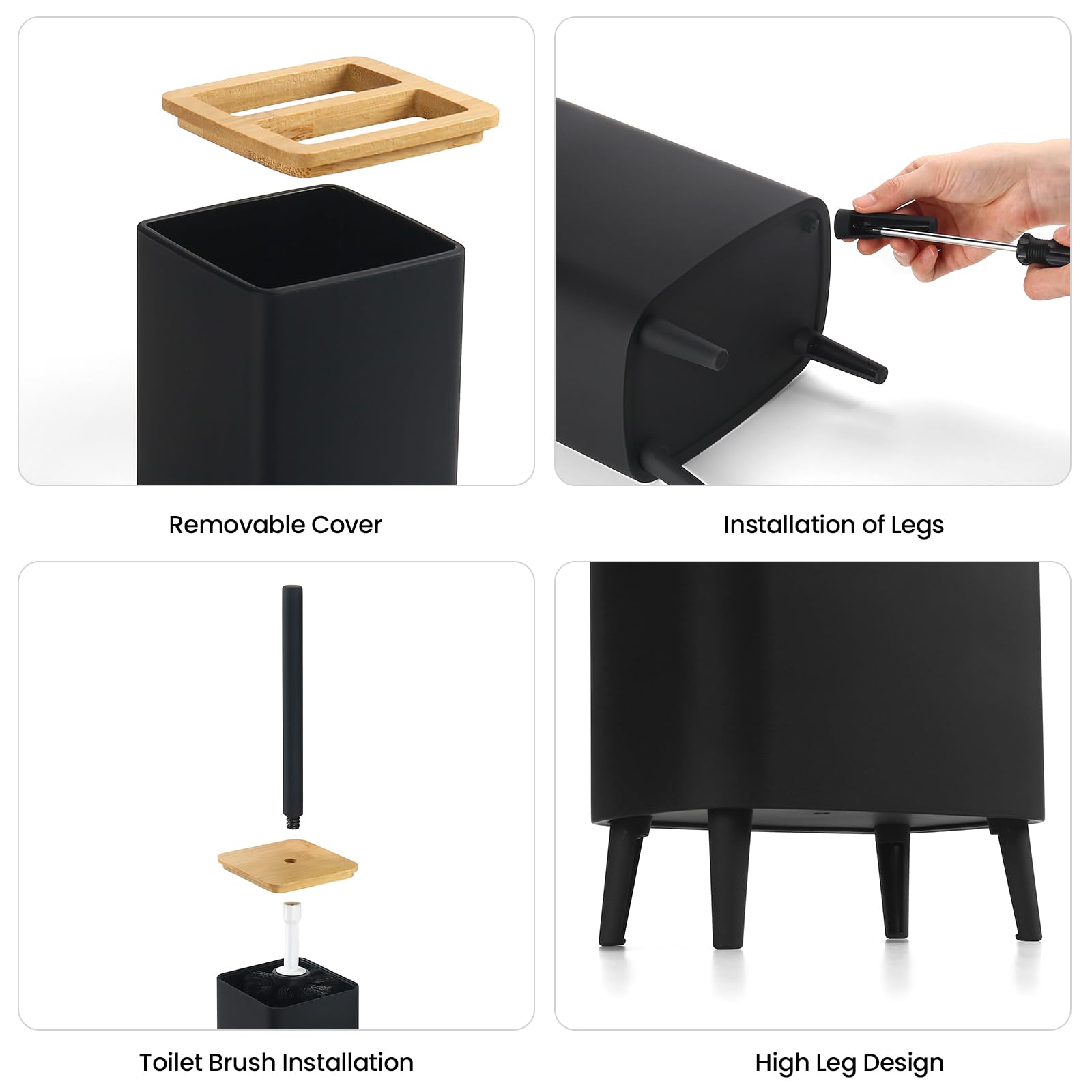 Set Bagno Accessori Completo Nero, Accessori Bagno Bamboo 5 pezzi - Pattumiera Bagno con Gambe, Dispenser Sapone e Porta Spazzolini, Scopino e Porta, Vassoio da Vanity (Nero)