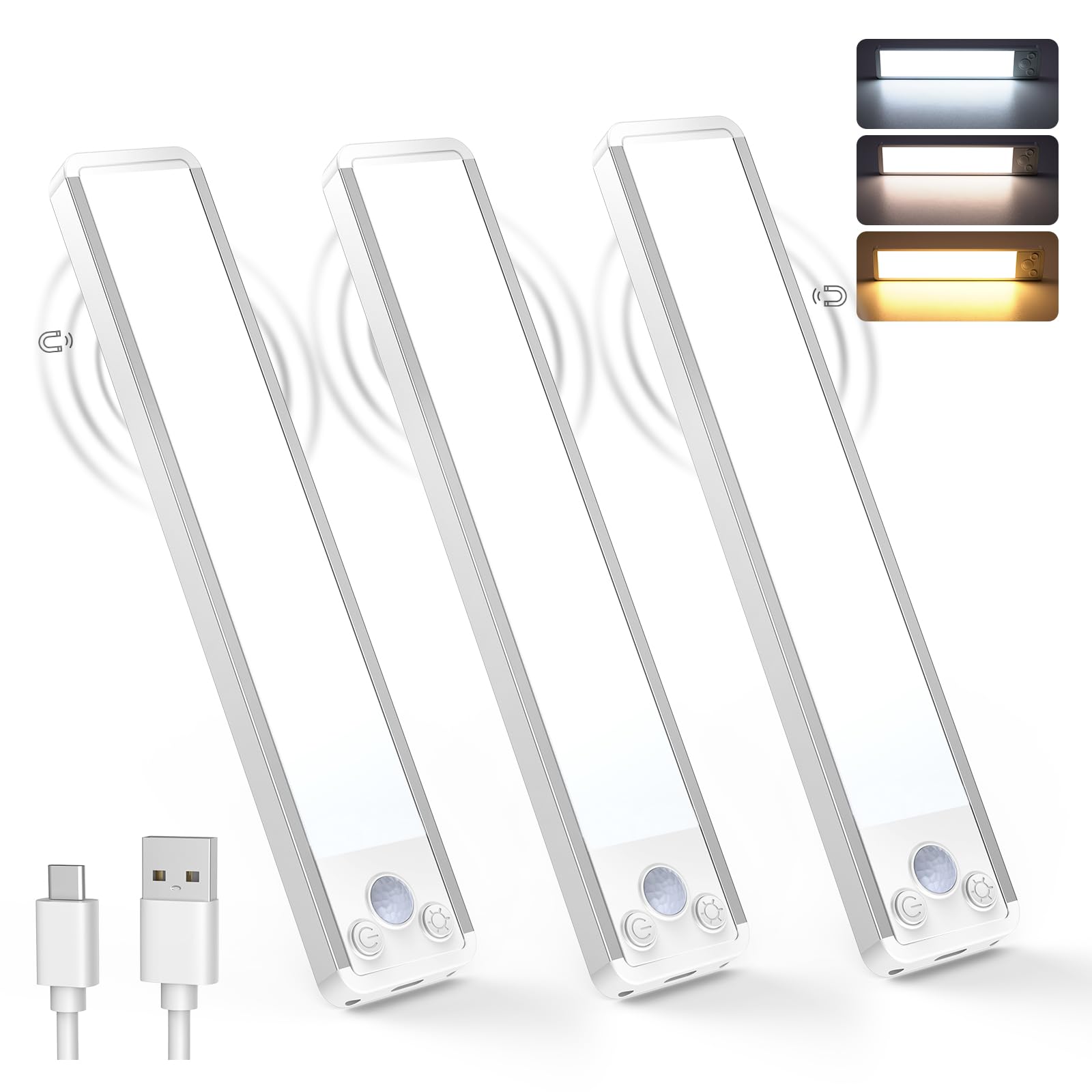 Tecknet White Under Cabinet Kitchen Lights, 70 Led Super Bright, 3 Color Stepless Dimming Motion Sensor Lights Indoor, Rechargeable Usb-C 1800Mah Cupboard Light, Stick On Lights For Cupboard&Kitchen-3 Pack